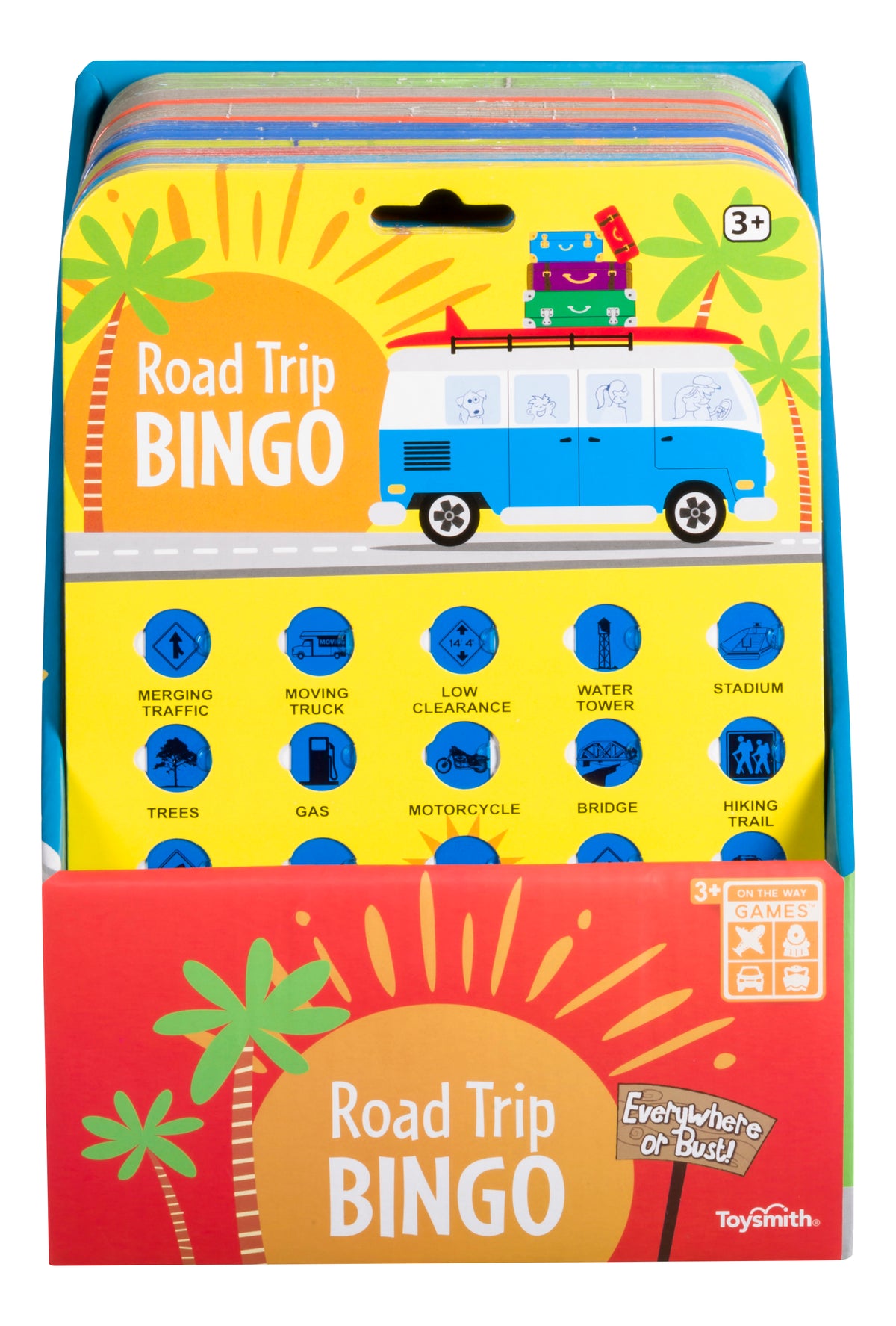 On the Way Games Road Trip Bingo is a colorful travel game for ages 3+, featuring a cartoon van with luggage, sun rays, and bingo icons like trees, gas pumps, and water towers. The On the Way Games brand appears at the bottom right.