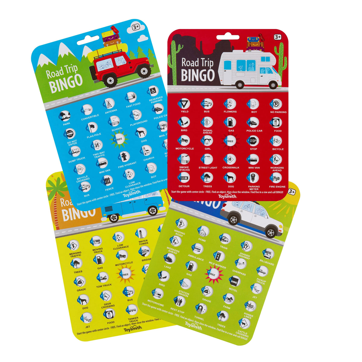 On the Way Games Road Trip Bingo by On the Way Games features four colorful boards with travel-themed graphics and sliding windows, each displaying different icons like animals, vehicles, and road signs, perfect for fun on-the-go play.