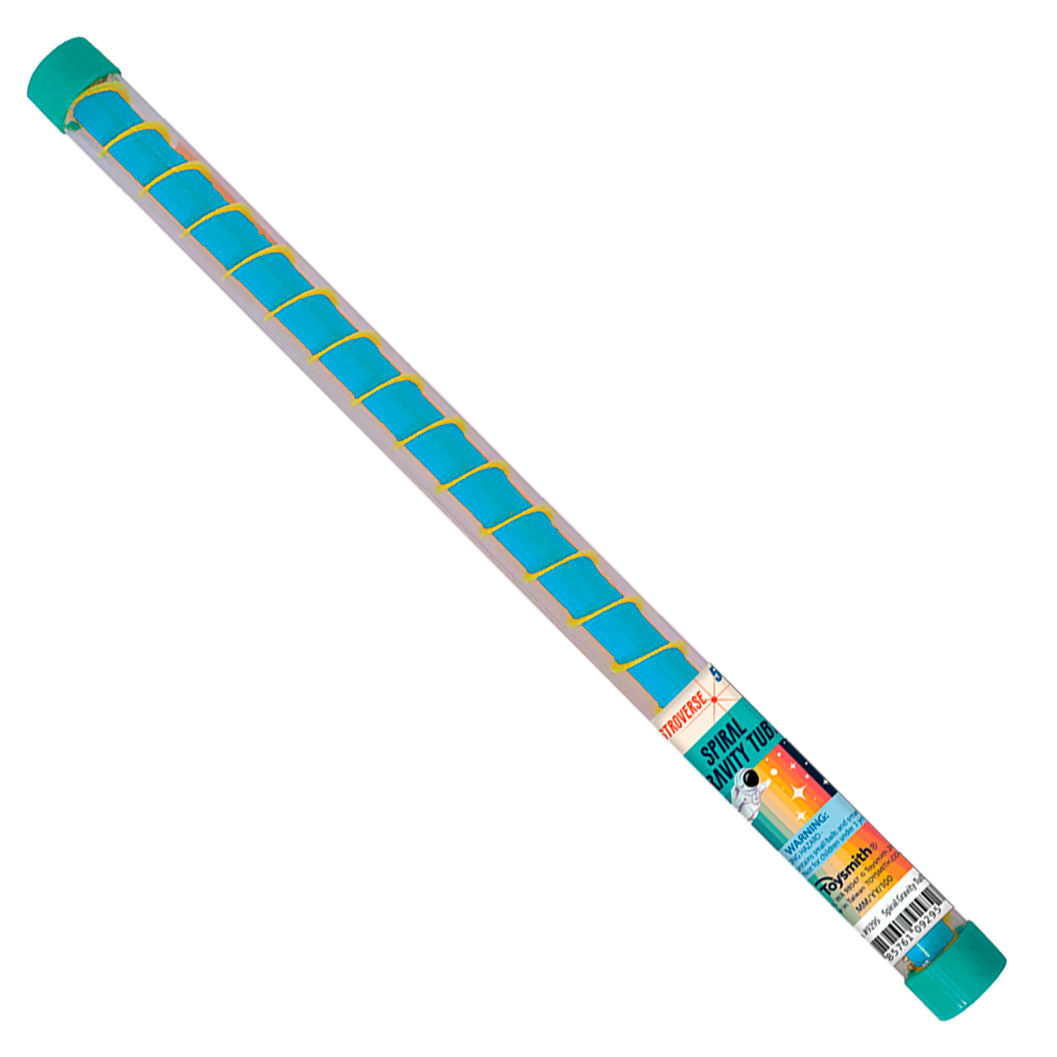 The Astroverse Spiral Gravity Tube features a long, cylindrical spiral design with a teal cap and blue squares, offering sensory delight with colorful graphics and text on its packaging.