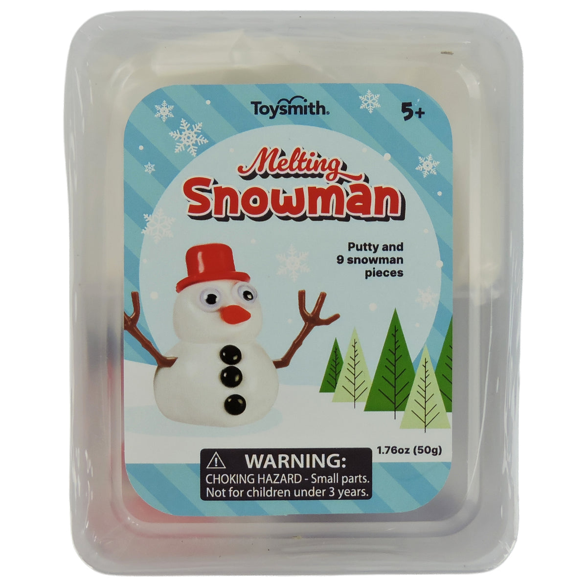 The Toysmith Melting Snowman is a reusable plastic container toy with a cartoon snowman (red hat, snowy background) that includes a putty slime kit and 9 pieces. Choking hazard warning applies. Brand: Toysmith.