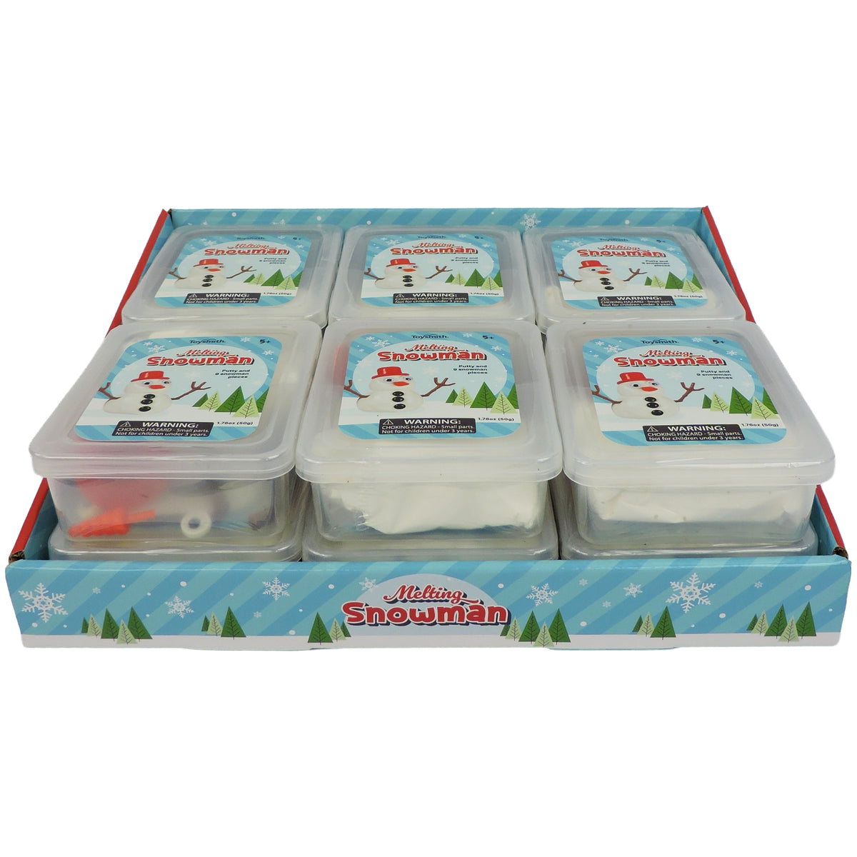 A Toysmith display tray holds six Toysmith Melting Snowman kits, each featuring white modeling putty and reusable snowman parts—eyes, arms, and carrot nose—on a blue snowflake-themed background.