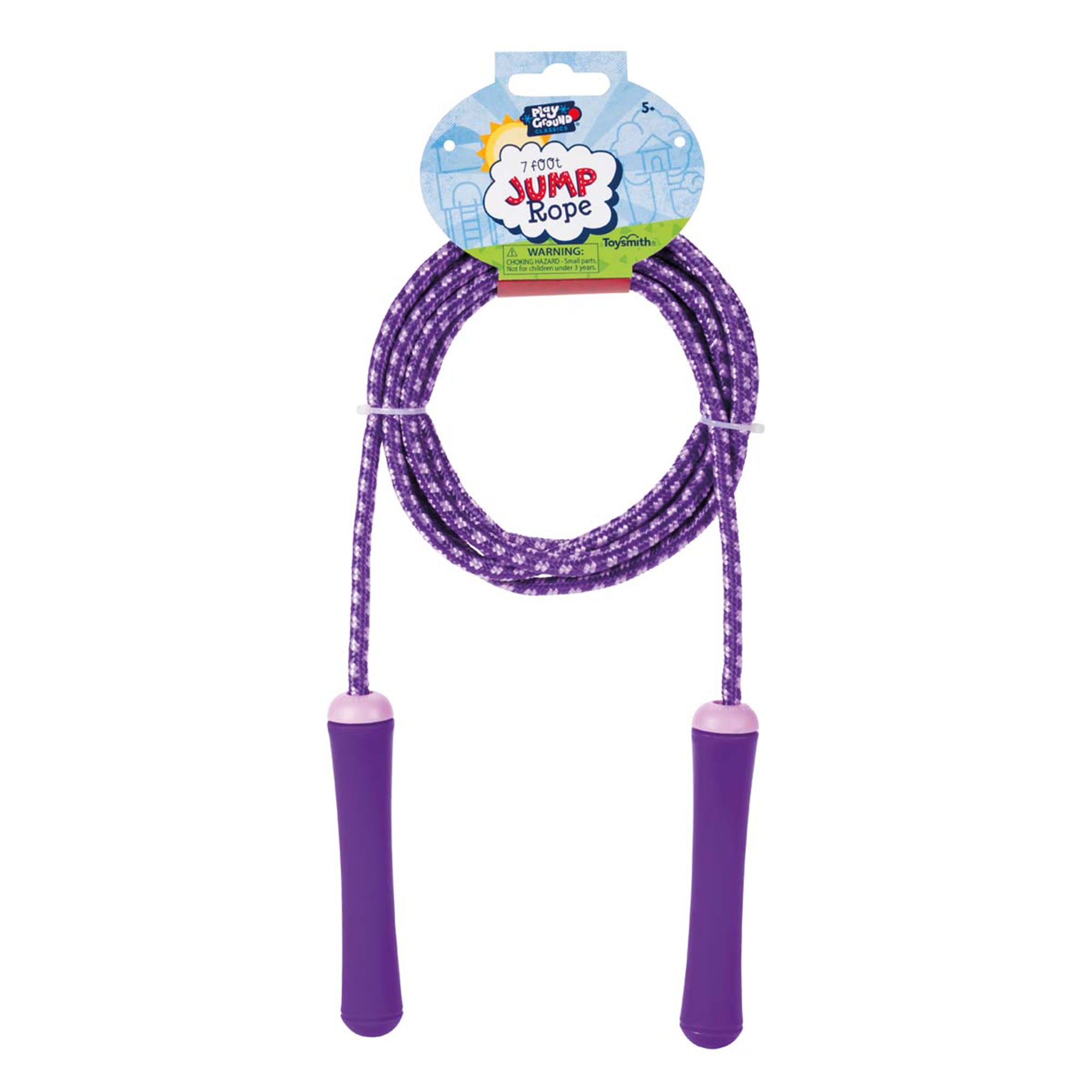 The Playground Classics 7ft Jump Rope features a purple rope with matching handles, neatly coiled on packaging labeled "Playground Classics 7ft Jump Rope"—ideal for active kids who love playground fun.