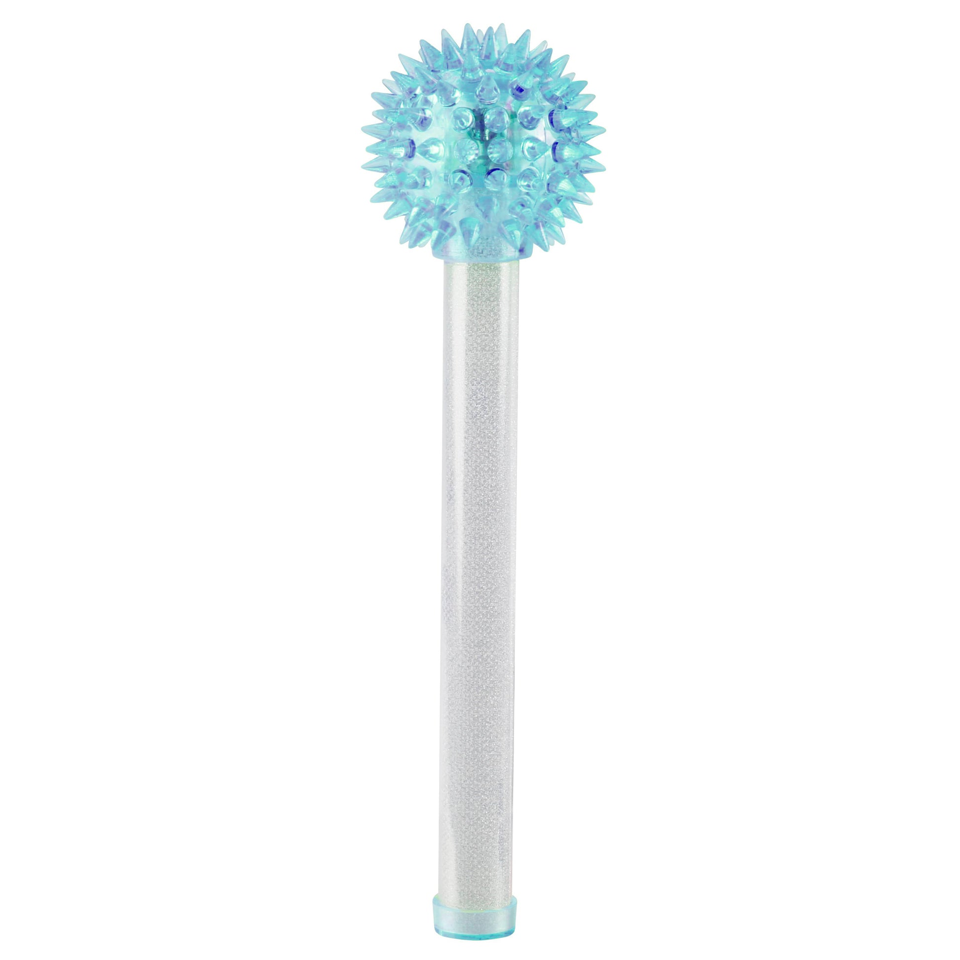 The Toysmith Mini Cosmic Ray Wand by Toysmith features a clear plastic tube filled with white beads and is topped with a translucent blue spiky ball, making it a fun and eye-catching interactive toy.