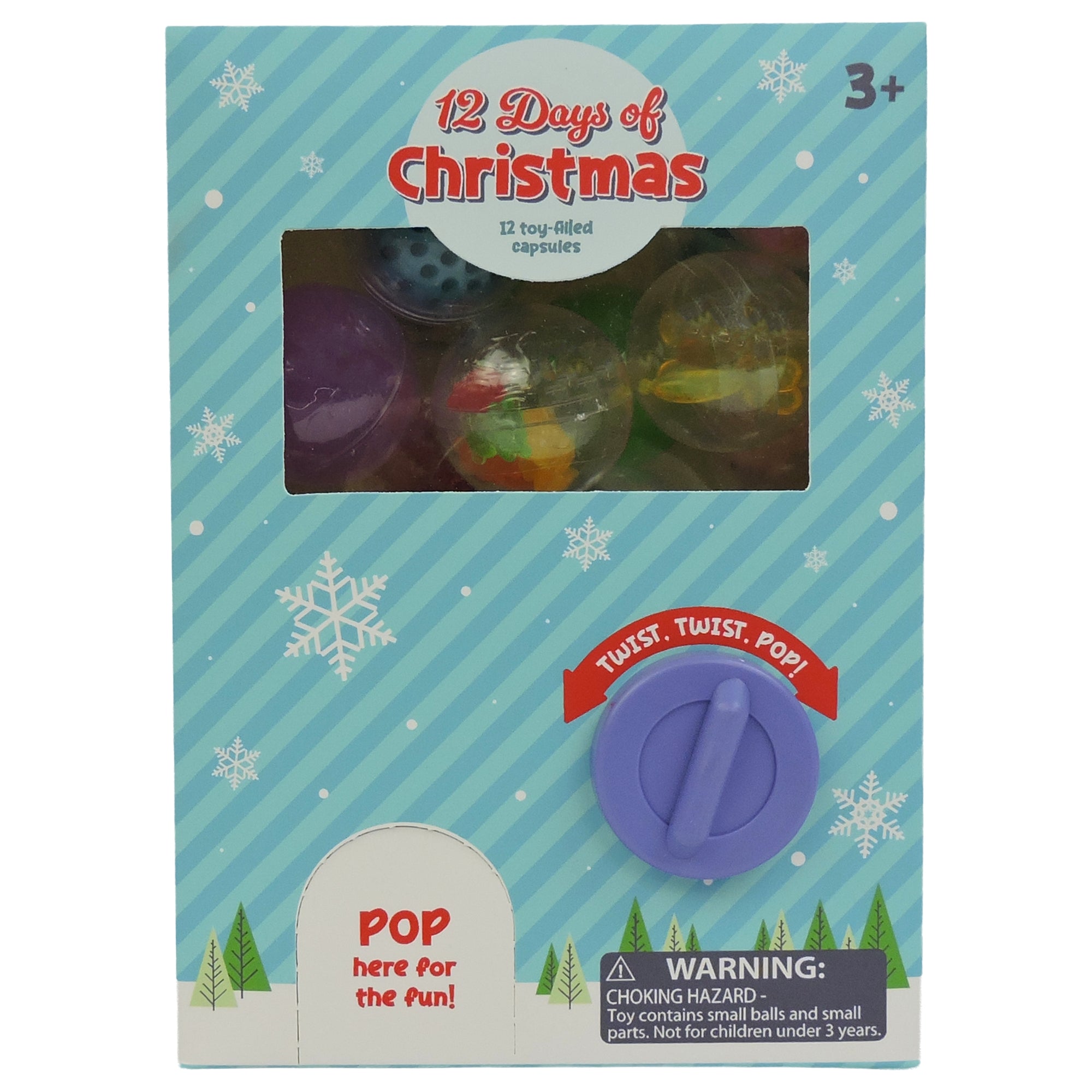 The Toysmith 12 Days of Christmas box is a festive toy advent calendar with 12 toy-filled capsules, visible through a window. A purple knob labeled "Twist. Twist. Pop!" adds fun. Warning: Small parts— not for kids under 3. Brand: Toysmith.
