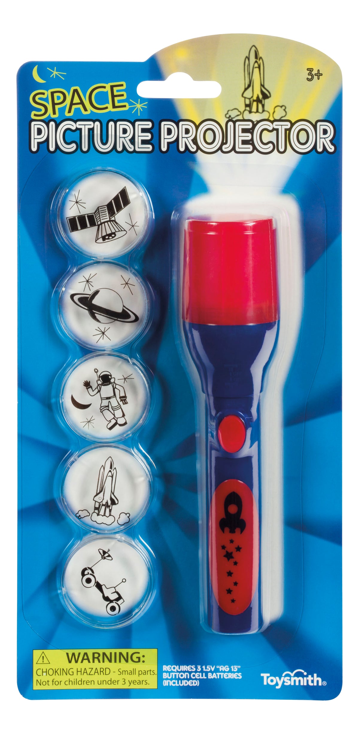 The Toysmith Mini LED Flashlight Projector by Toysmith projects rockets and astronauts with four image disks. Includes batteries. For ages 3+. Warning: Choking hazard—small parts. Not for children under 3 years.