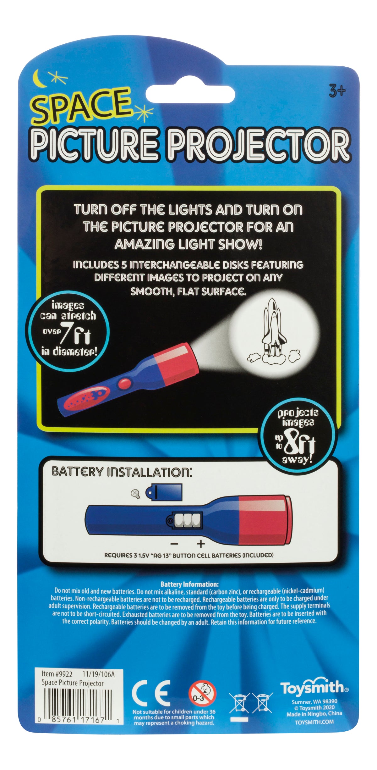 The Toysmith Mini LED Flashlight Projector by Toysmith is a blue and pink projector for ages 3+, featuring interchangeable space-themed image disks. Includes instructions for battery insertion.