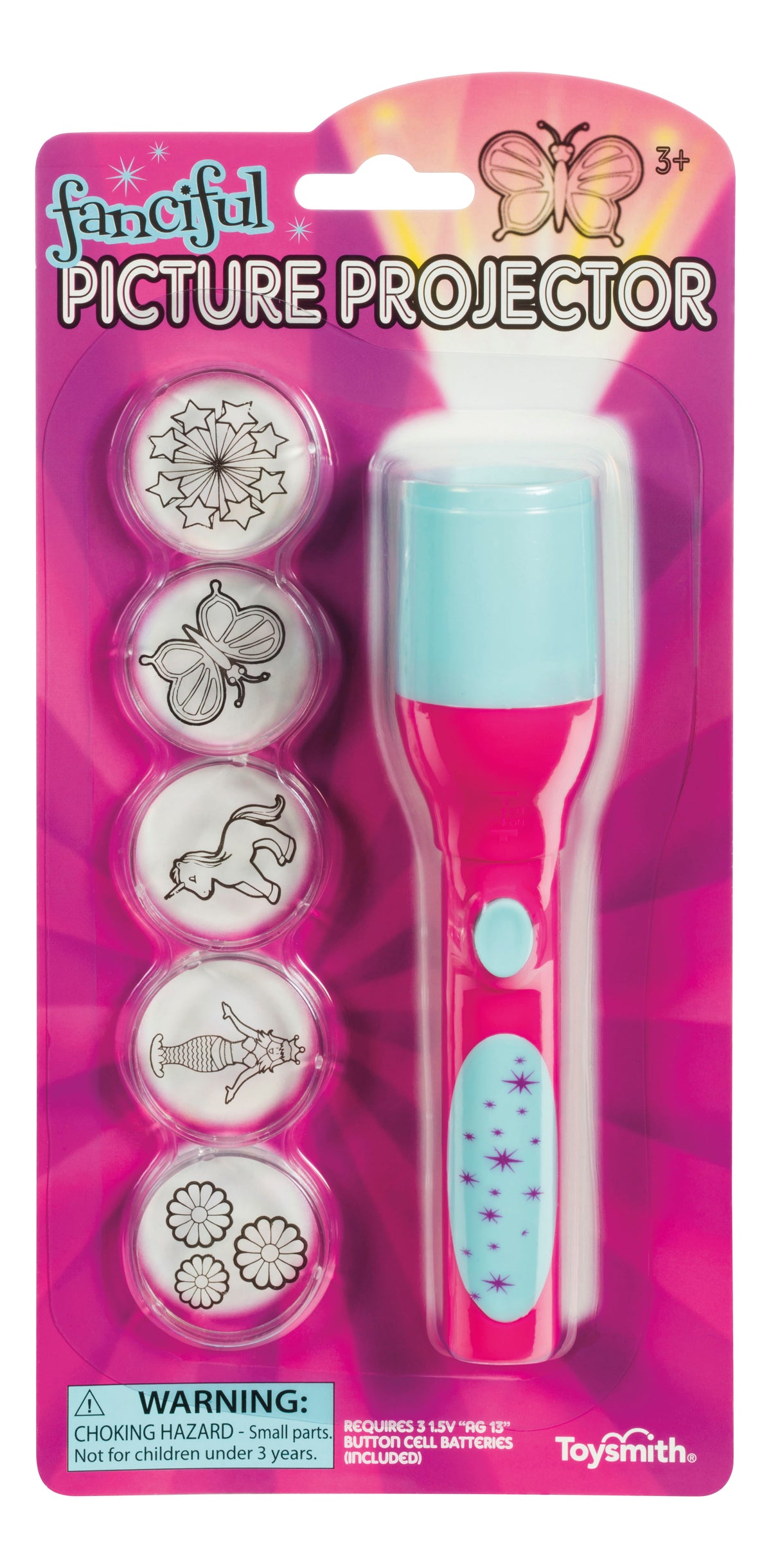 The Toysmith Mini LED Flashlight Projector by Toysmith is a pink and blue handheld toy in butterfly-themed packaging, featuring four interchangeable image disks with whimsical scenes and a warning label at the bottom.