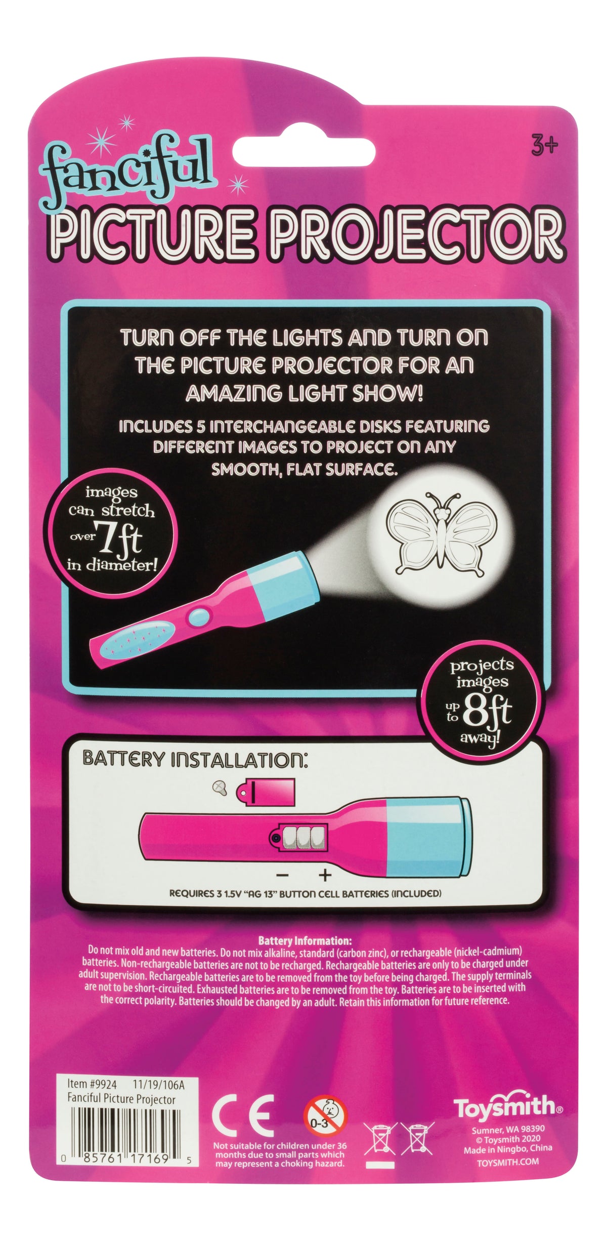 Back of a pink and blue Toysmith Mini LED Flashlight Projector package showing instructions, a butterfly image projection example, battery installation steps, included image disks, and features like projecting images over 7 feet. For ages 3 and up.