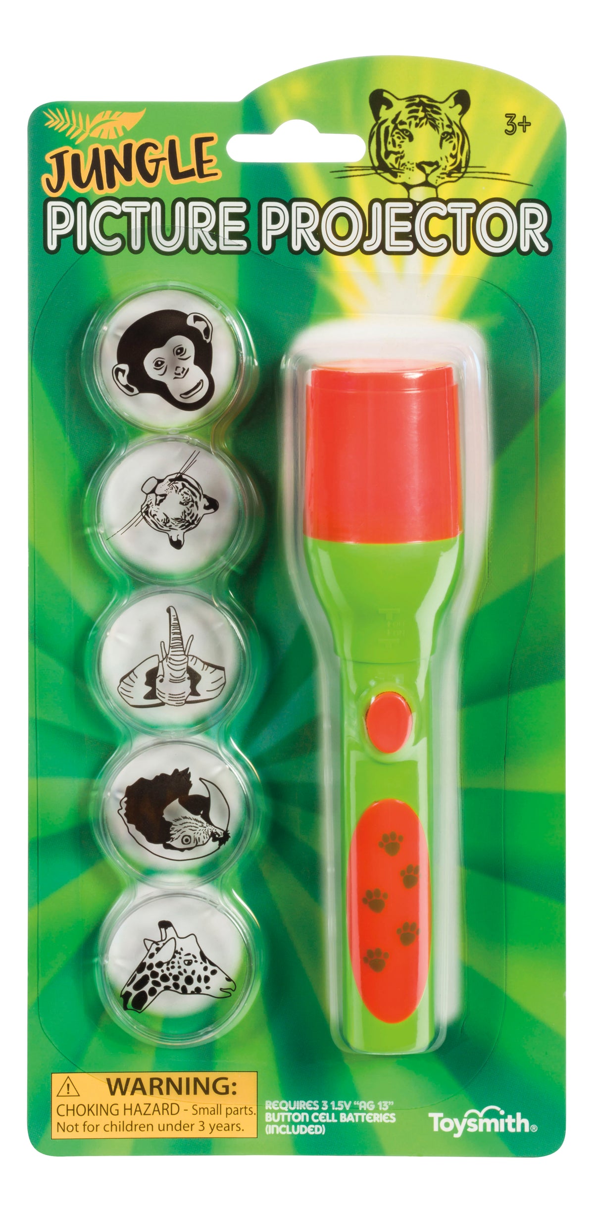 The Toysmith Mini LED Flashlight Projector by Toysmith is a jungle-themed toy for ages 3+, featuring a green and orange projector and four animal image disks (monkey, elephant, giraffe, rhinoceros) in themed packaging.
