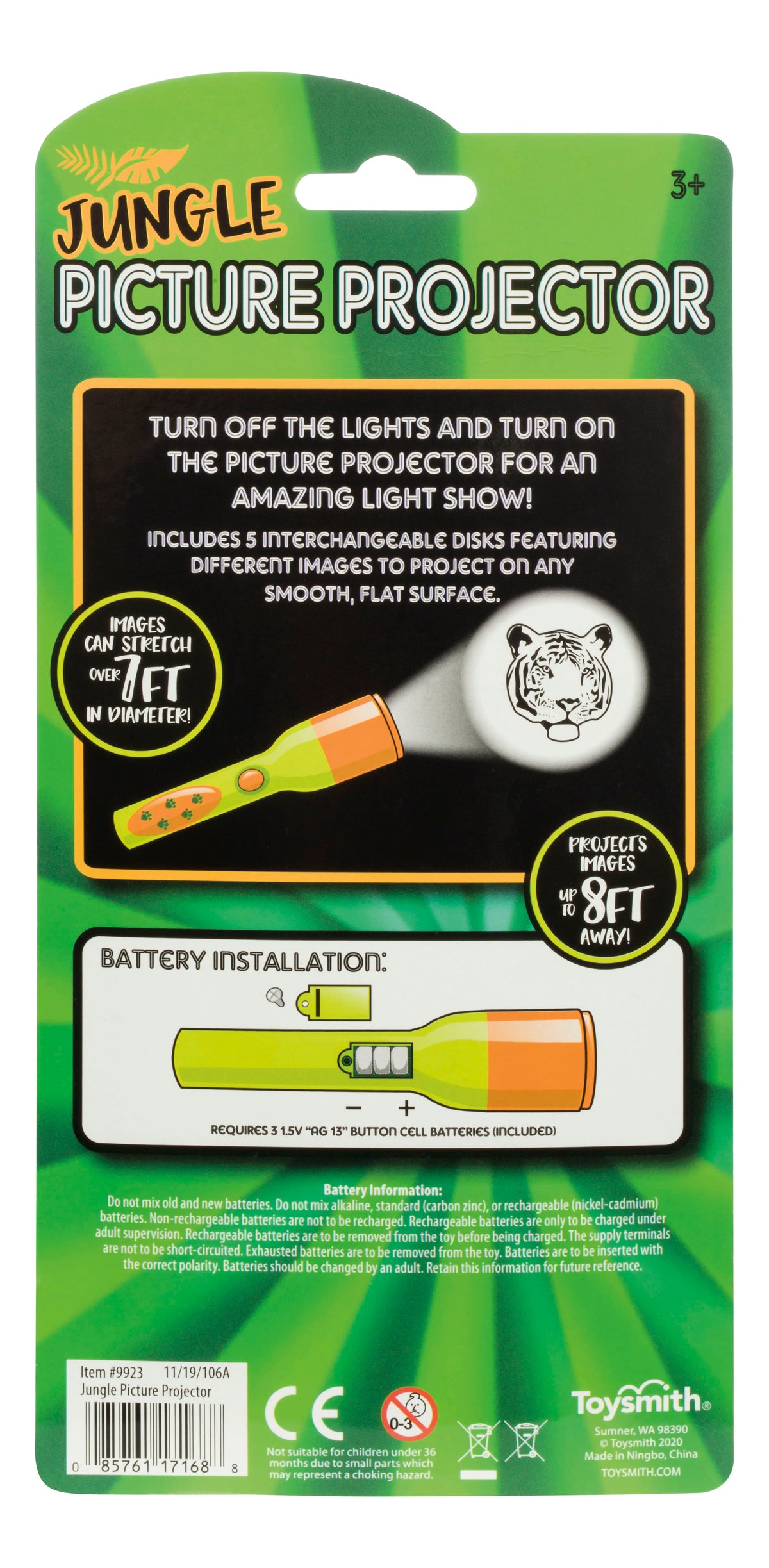 The Toysmith Mini LED Flashlight Projector by Toysmith projects images up to 8ft, includes 5 interchangeable disks, and requires 3 button cell batteries. Perfect for ages 3+ and ideal for little explorers!.
