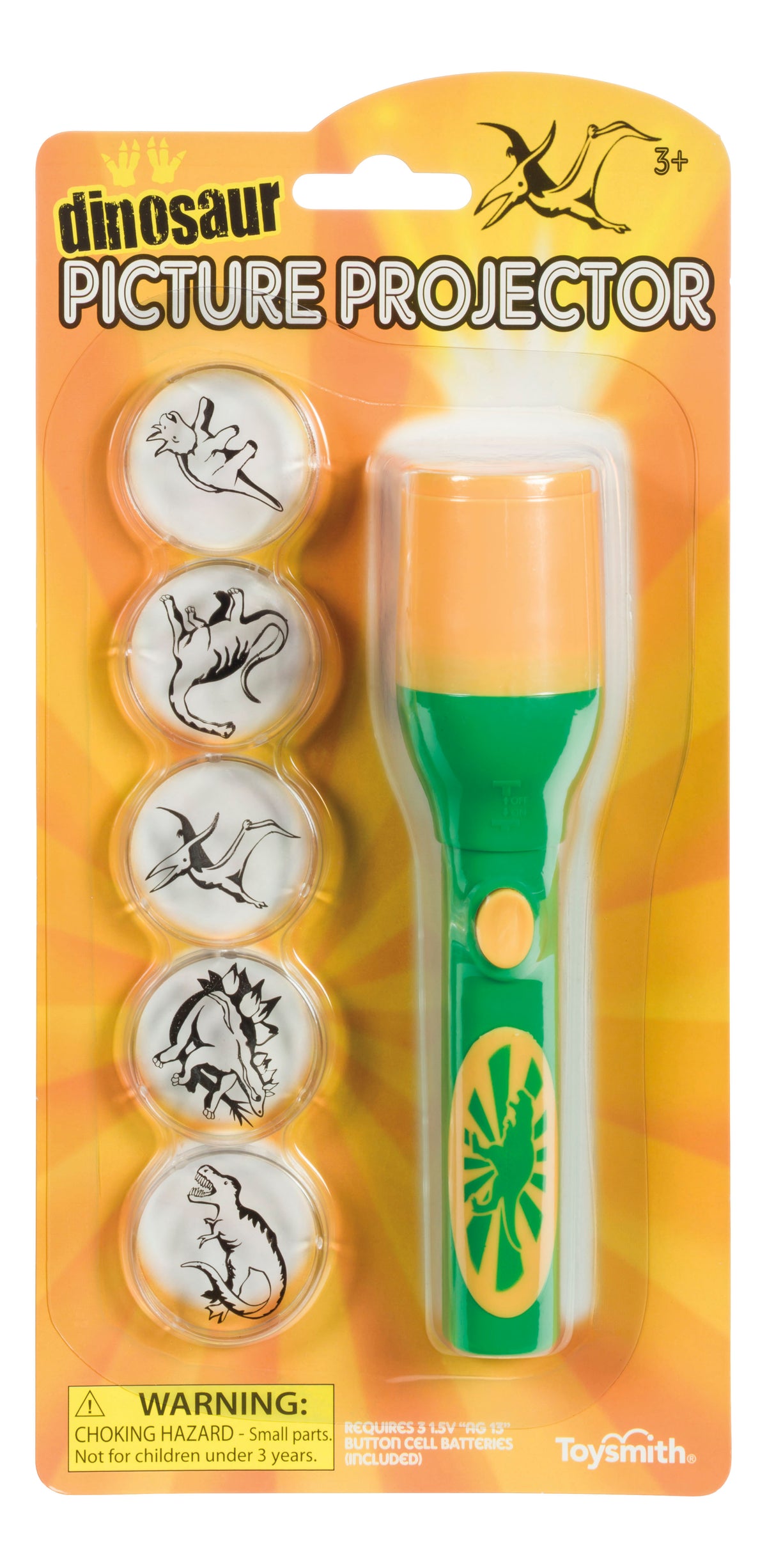 The Toysmith Mini LED Flashlight Projector by Toysmith is a green and yellow handheld toy for ages 3+, featuring four dino silhouette image disks. Packaged with a small parts warning.