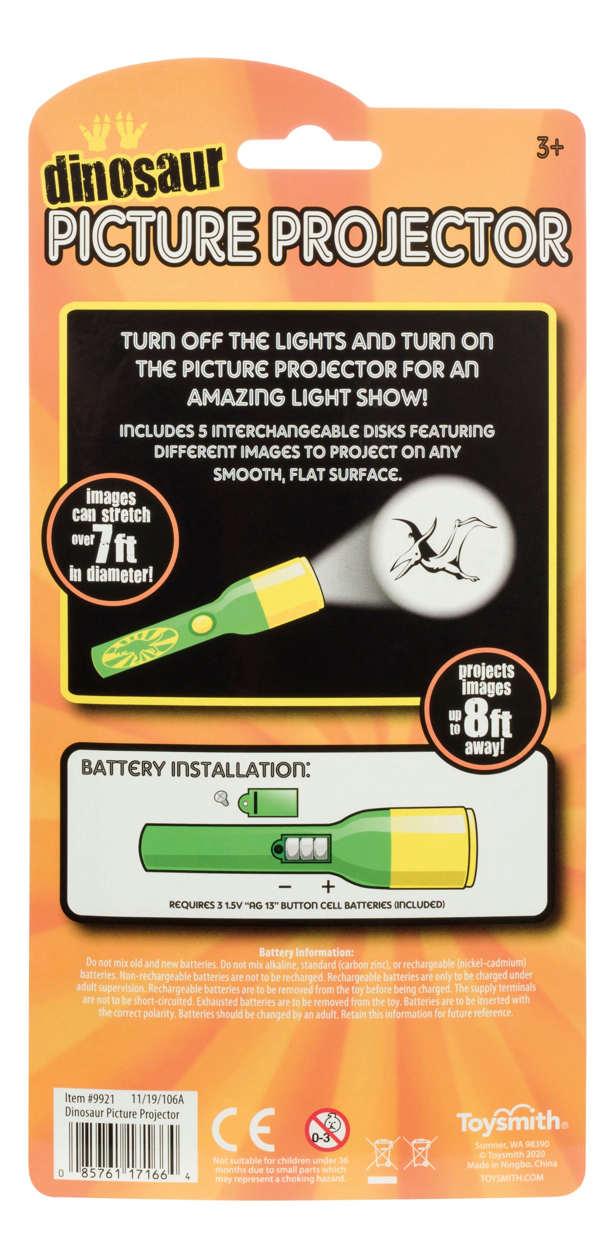 Back of Toysmith Mini LED Flashlight Projector package shows instructions, features like projecting images up to 8 ft away with image disks, battery installation guide, and illustrations. Suitable for ages 3+, by Toysmith.
