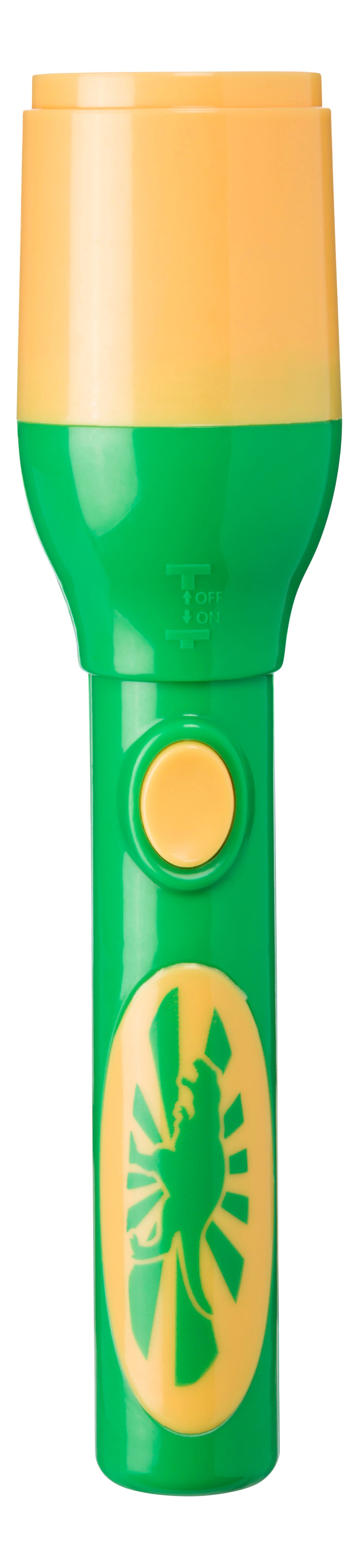 The Toysmith Mini LED Flashlight Projector by Toysmith is a green and yellow handheld flashlight featuring a large yellow button, lion silhouette on the handle, and mini LED image disks for projecting pictures.