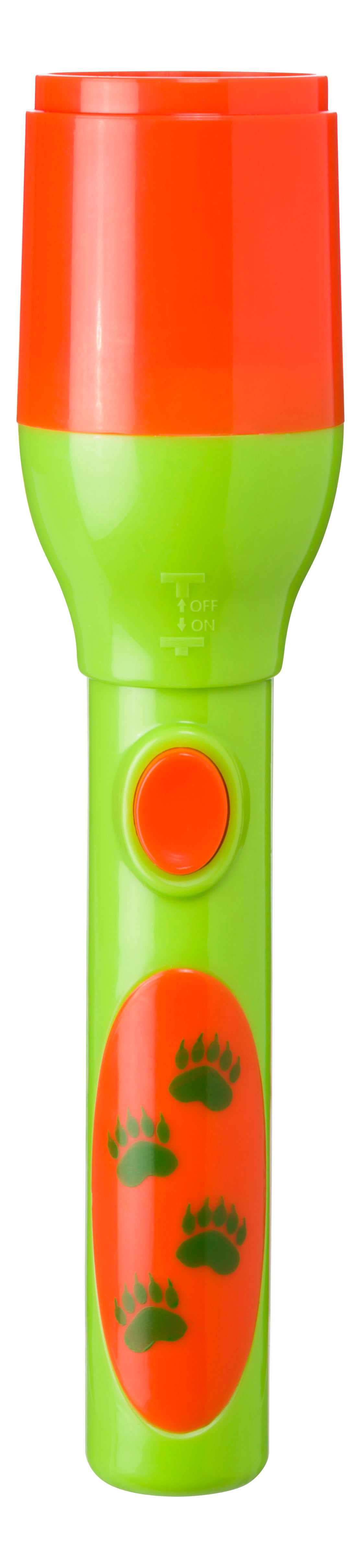 The Toysmith Mini LED Flashlight Projector by Toysmith is a green and orange handheld flashlight with black bear paw prints, a large orange button, a switch above it, and projects images using included disks.