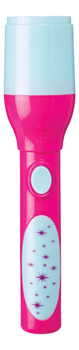 The Toysmith Mini LED Flashlight Projector by Toysmith features pink and light blue colors, a large button, star designs on the handle, and is perfect for adventurous kids.