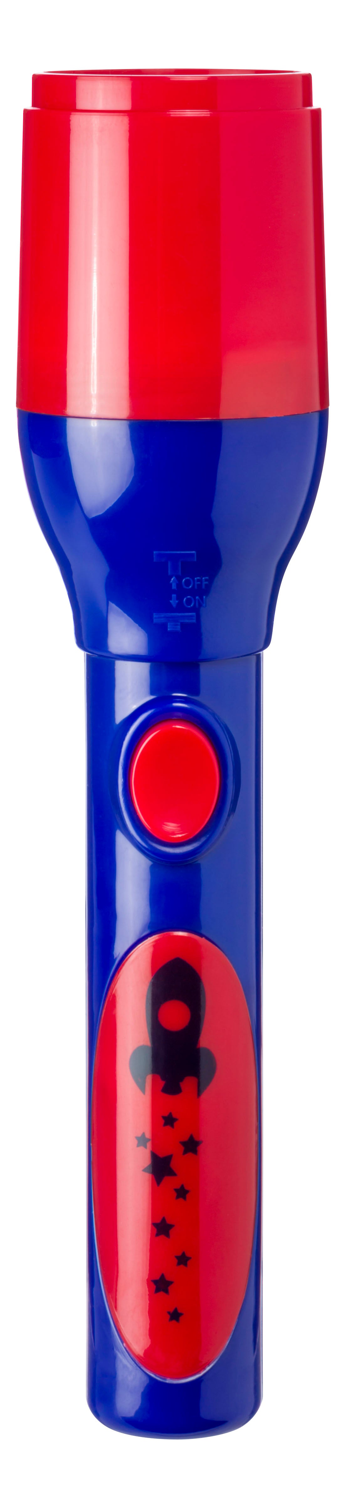 The Toysmith Mini LED Flashlight Projector by Toysmith features a blue and red rocket design with stars, a red button, and includes image disks for projecting fun pictures. Shown on a white background.