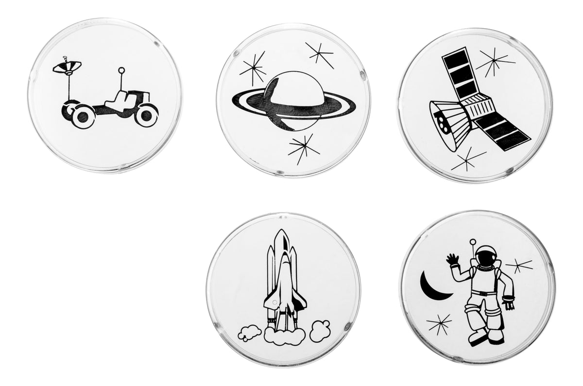 Five image disks with black and white space illustrations—a lunar rover, ringed planet, satellite, shuttle launch, and astronaut—perfect for your Toysmith Mini LED Flashlight Projector.