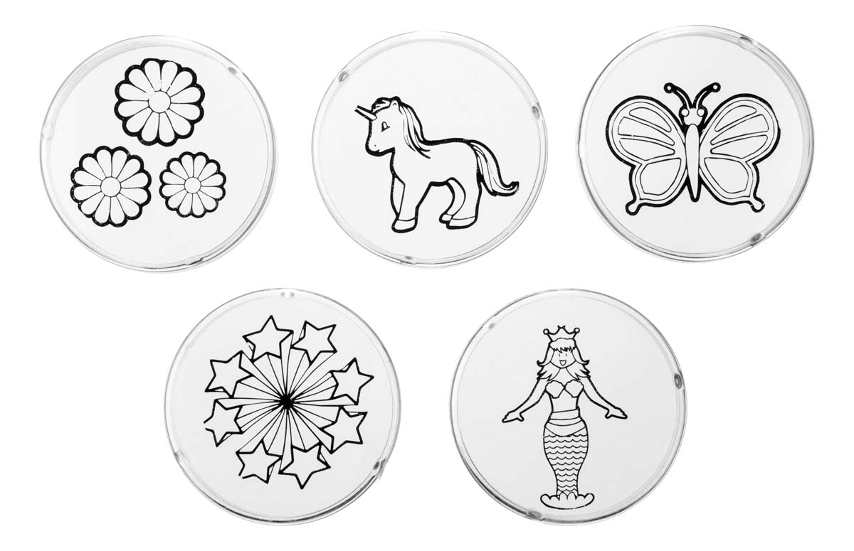 The Toysmith Mini LED Flashlight Projector by Toysmith includes five clear image disks with black outline drawings of three flowers, a unicorn, butterfly, star cluster in a circle, and a crowned mermaid—great fun for creative projection play.