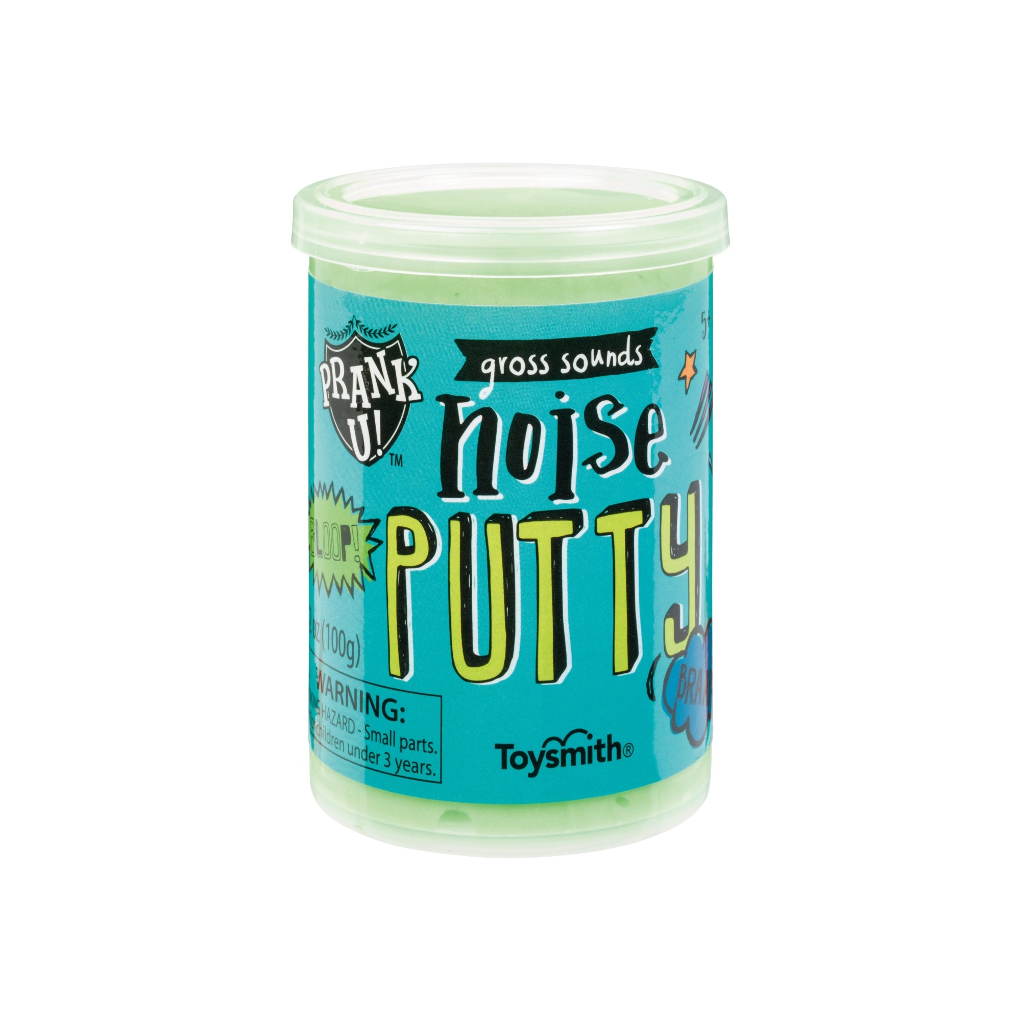 The Prank U Large Jar of Potty Noise Putty makes silly sounds, is green, and comes in a plastic container with a blue and green label. Great for sensory play or as a fidget toy; includes safety warnings.