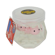 The Tiny Toys Itty Bitty Axolittles by Tiny Toys features a small pink axolotl squishy toy in clear slime, packed in a clear jar with a white lid and a red and white label for a unique sensory experience.