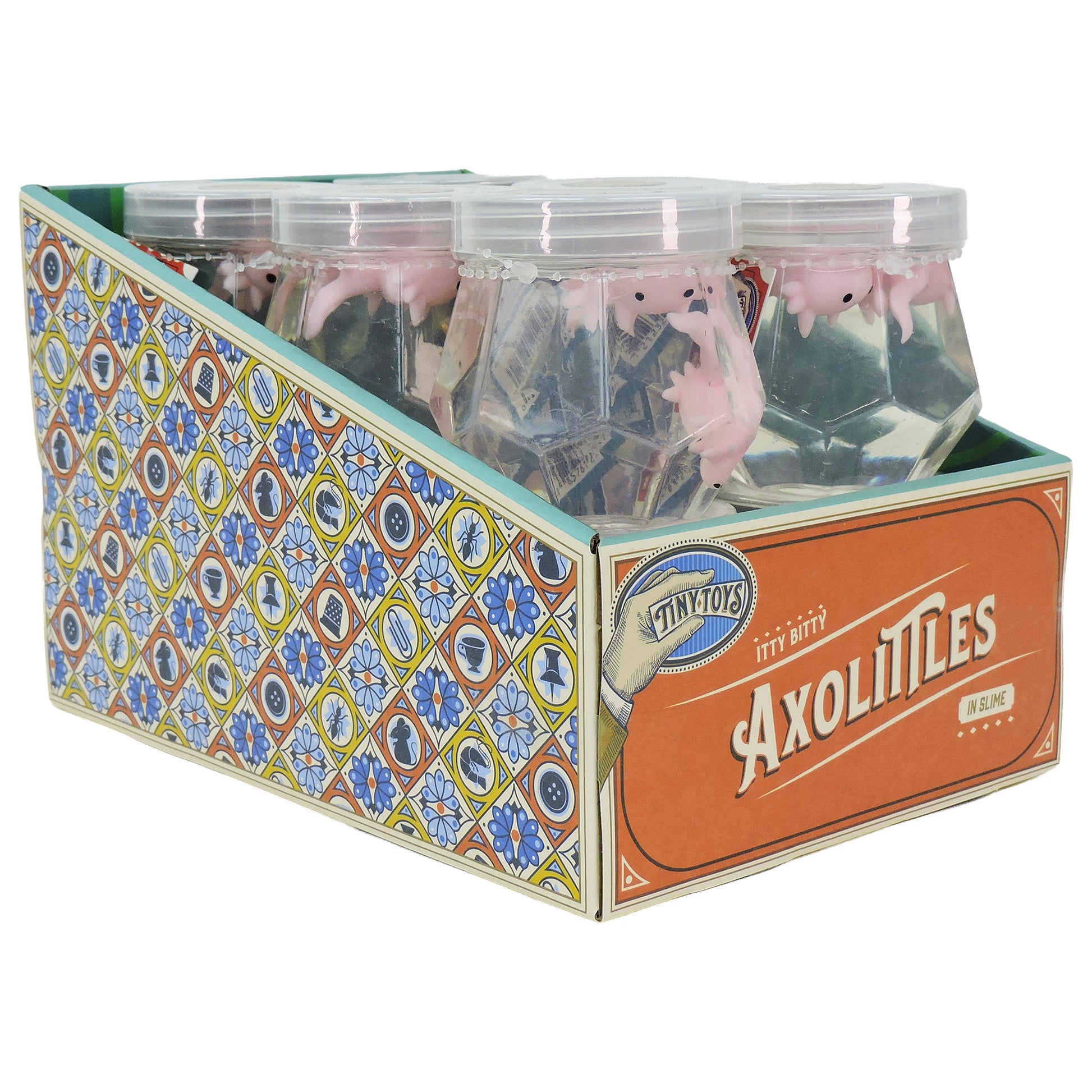 A display box labeled "Tiny Toys Itty Bitty Axolittles" by Tiny Toys holds several clear jars with small pink axolotl squishies and features a colorful patterned design for a fun sensory experience.