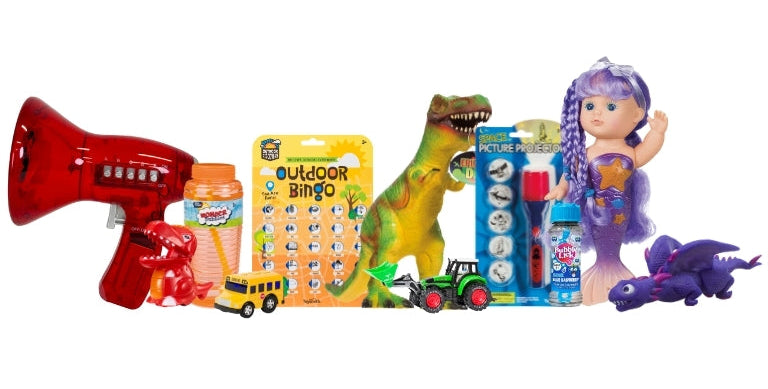 A variety of colorful toys including a red megaphone, toy dinosaur, doll with purple hair, bubble solution, outdoor bingo game, toy vehicles, a dragon figure, and a craft kit lined up in a row.