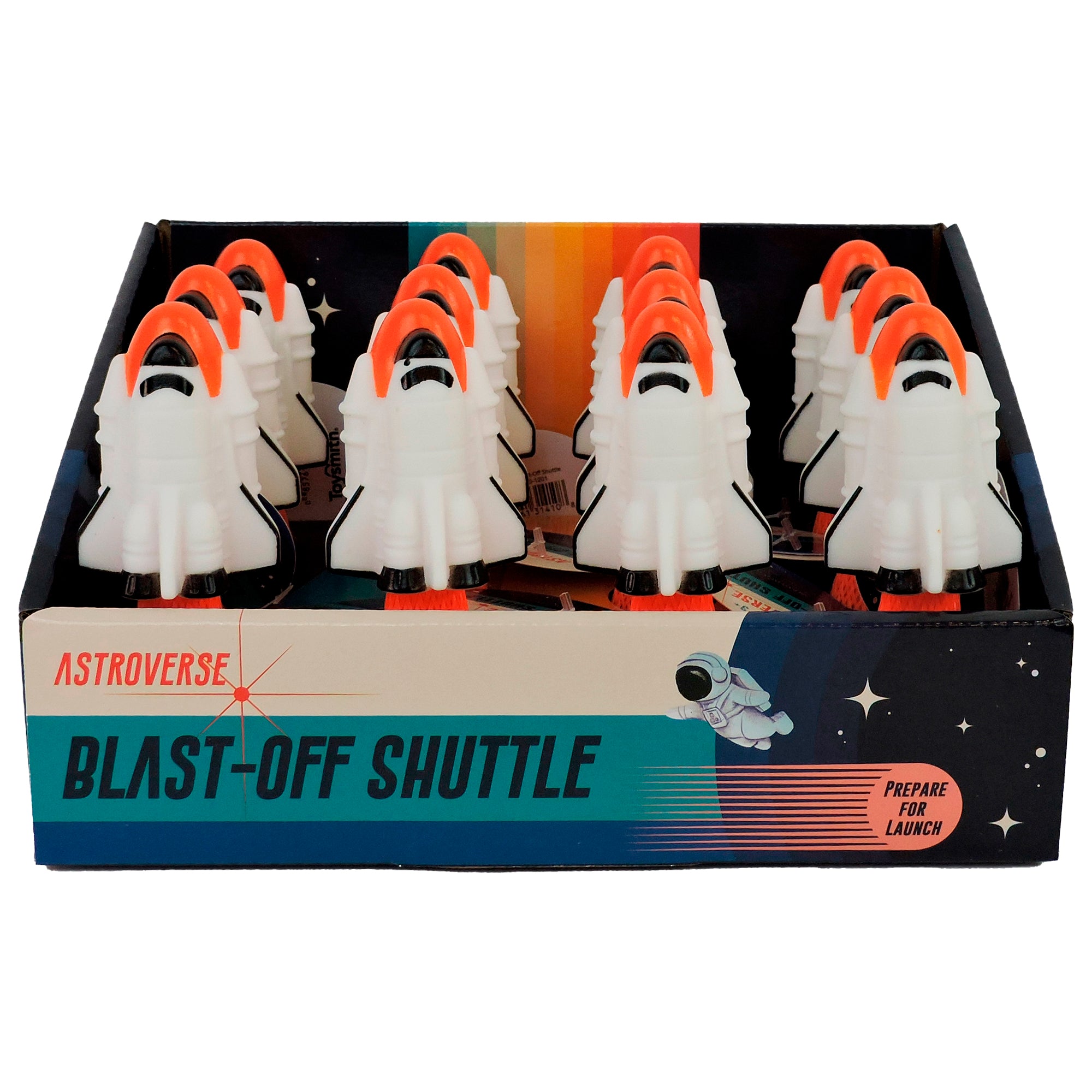 Twelve Astroverse Blast-Off Shuttles with orange accents stand upright in a colorful, space-themed box marked “Prepare for Launch.” This pop toy from Astroverse is perfect for aspiring young astronauts.
