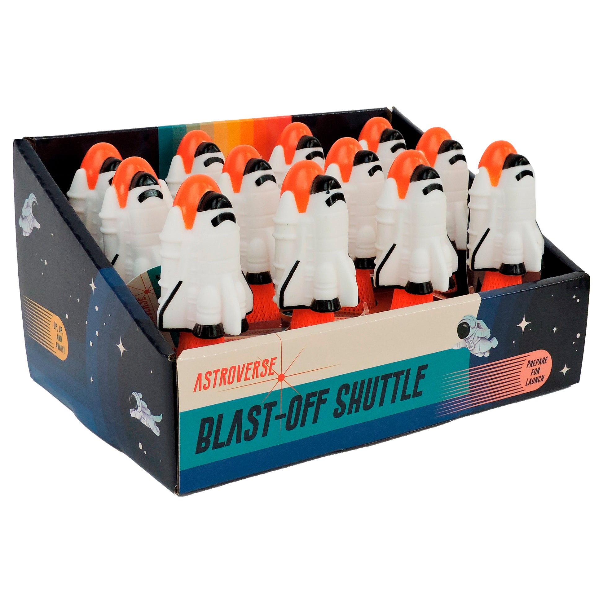 The Astroverse Blast-Off Shuttle by Astroverse comes in a display box holding rows of white toy rocket shuttles with orange noses and black windows, all set against a colorful space-themed background.