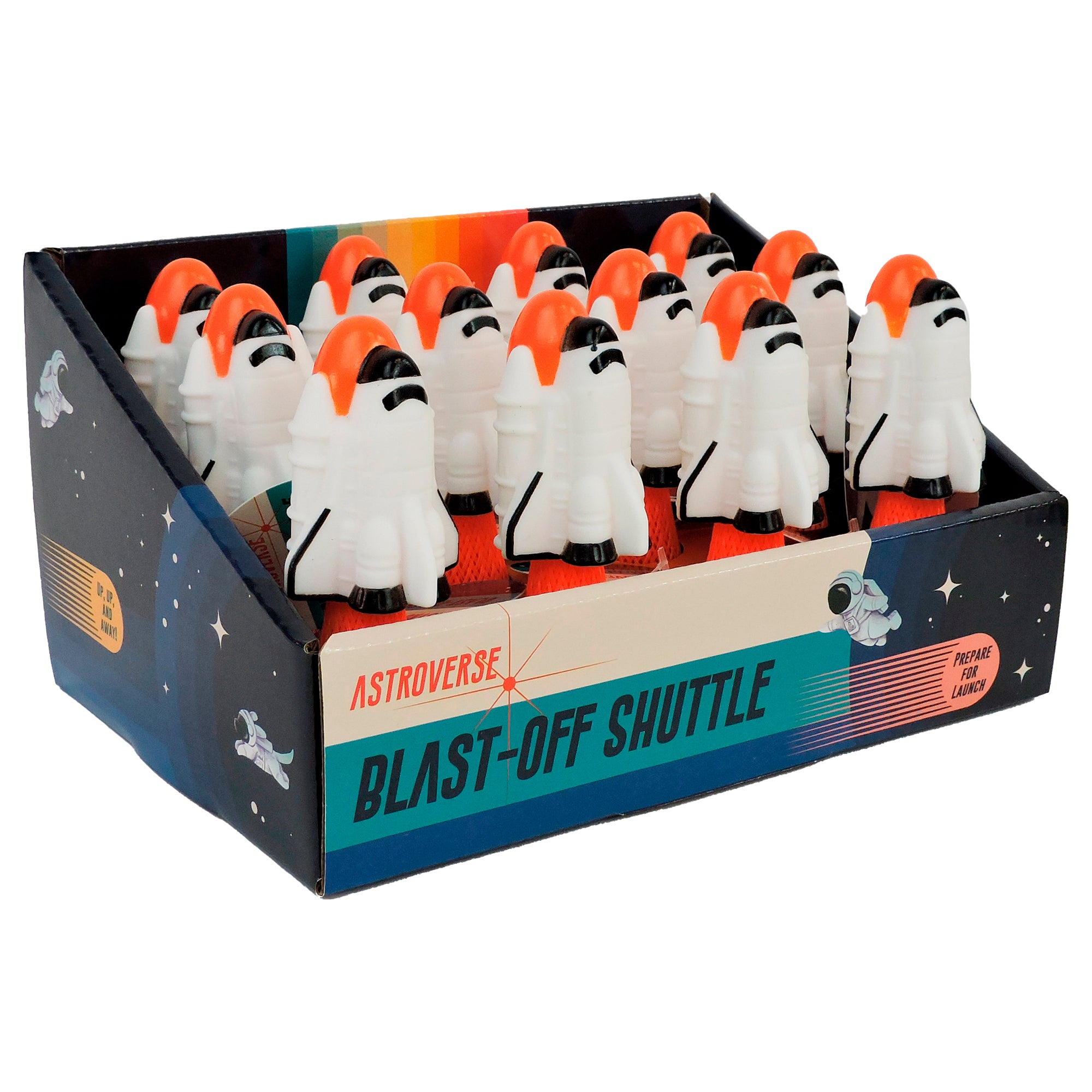 The Astroverse Blast-Off Shuttle by Astroverse comes in a display box holding rows of white toy rocket shuttles with orange noses and black windows, all set against a colorful space-themed background.