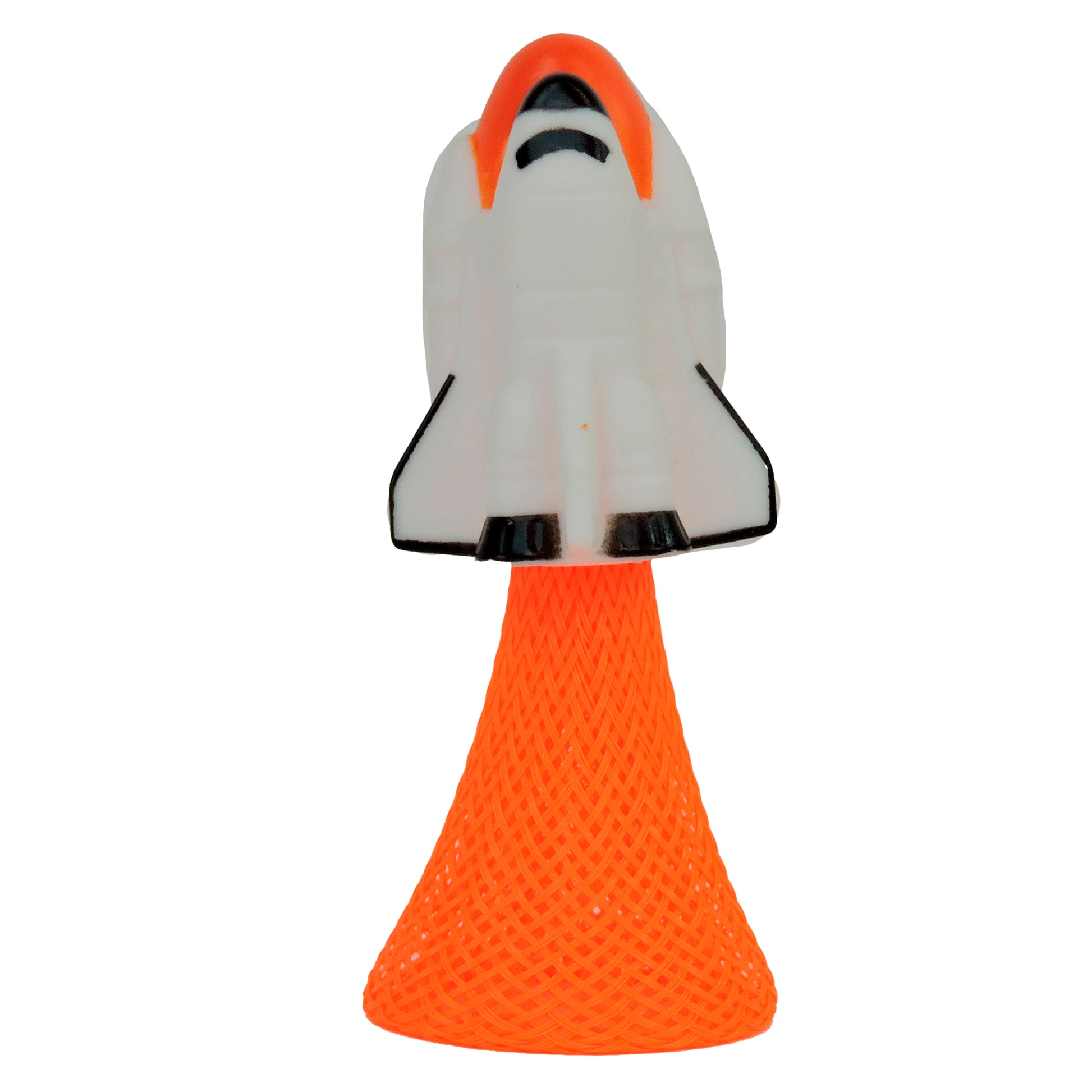 The Astroverse Blast-Off Shuttle by Astroverse is a black and orange, space-inspired toy with a bright orange mesh cone resembling launch flames, bringing the excitement of takeoff to every play session.