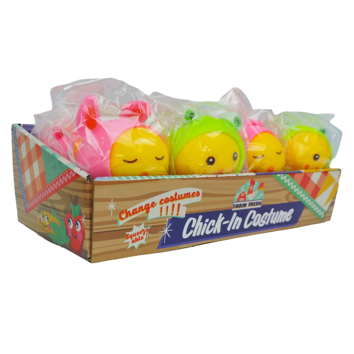 A box labeled Farm Fresh Chick-In Costume Squeezable Toy from the brand Farm Fresh contains several yellow, chick-shaped squishies dressed in colorful costumes, each individually wrapped in clear plastic. Perfect for stress relief and sensory play, the box showcases playful farm-themed graphics.