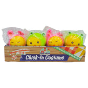 Four yellow Farm Fresh Chick-In Costume Squeezable Toys, each wearing a different animal hat, are displayed in a box labeled "Farm Fresh Chick-In Costume." Each chick is individually wrapped in clear plastic, and the box showcases vibrant farm-themed graphics. These charming toys from Farm Fresh are perfect for sensory play or stress relief, making them fun and soothing to squeeze.