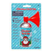 The Toysmith Christmas In A Can is a toy canister with a red horn, featuring five Christmas sounds. Its packaging has a cartoon Santa and a small parts warning in the top left corner.