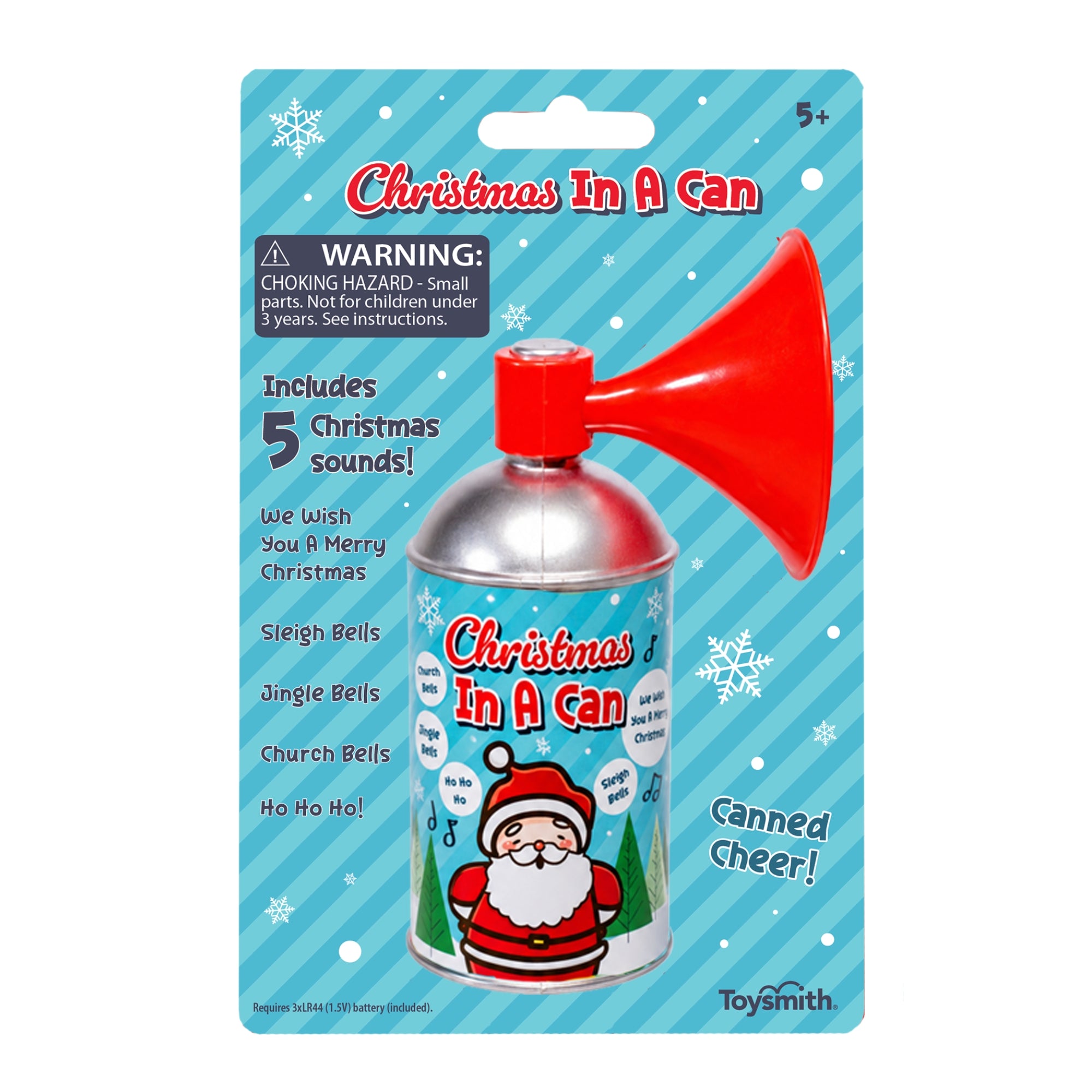 The Toysmith Christmas In A Can is a toy canister with a red horn, featuring five Christmas sounds. Its packaging has a cartoon Santa and a small parts warning in the top left corner.