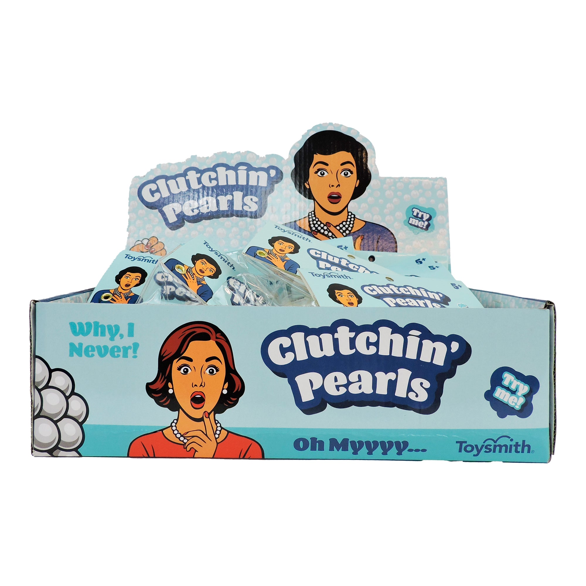 A blue Toysmith Clutchin' Pearls display box shows cartoon women clutching pearls in shock, with phrases like "Why, I Never!" and "Oh Myyyy..."—perfect for stress relief and featuring Toysmith branding.