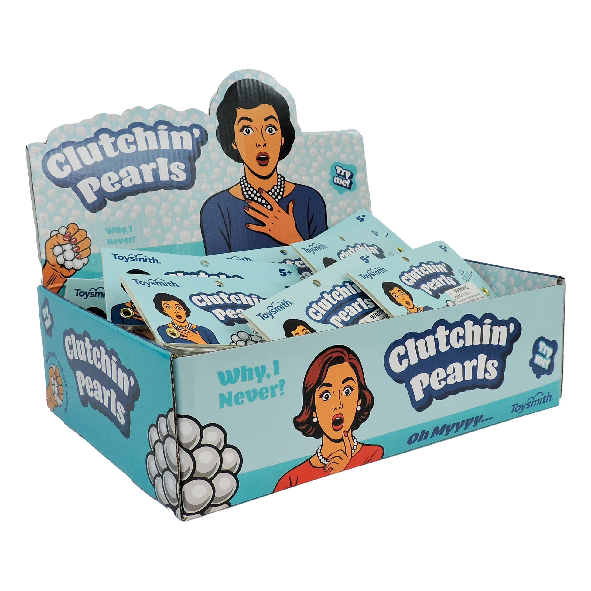 The Toysmith Clutchin' Pearls sensory ball features a display box with cartoon women, pearl beads, and phrases like "Why, I Never!" by Toysmith. It's a unique stress relief toy designed for squeezing and fidgeting.