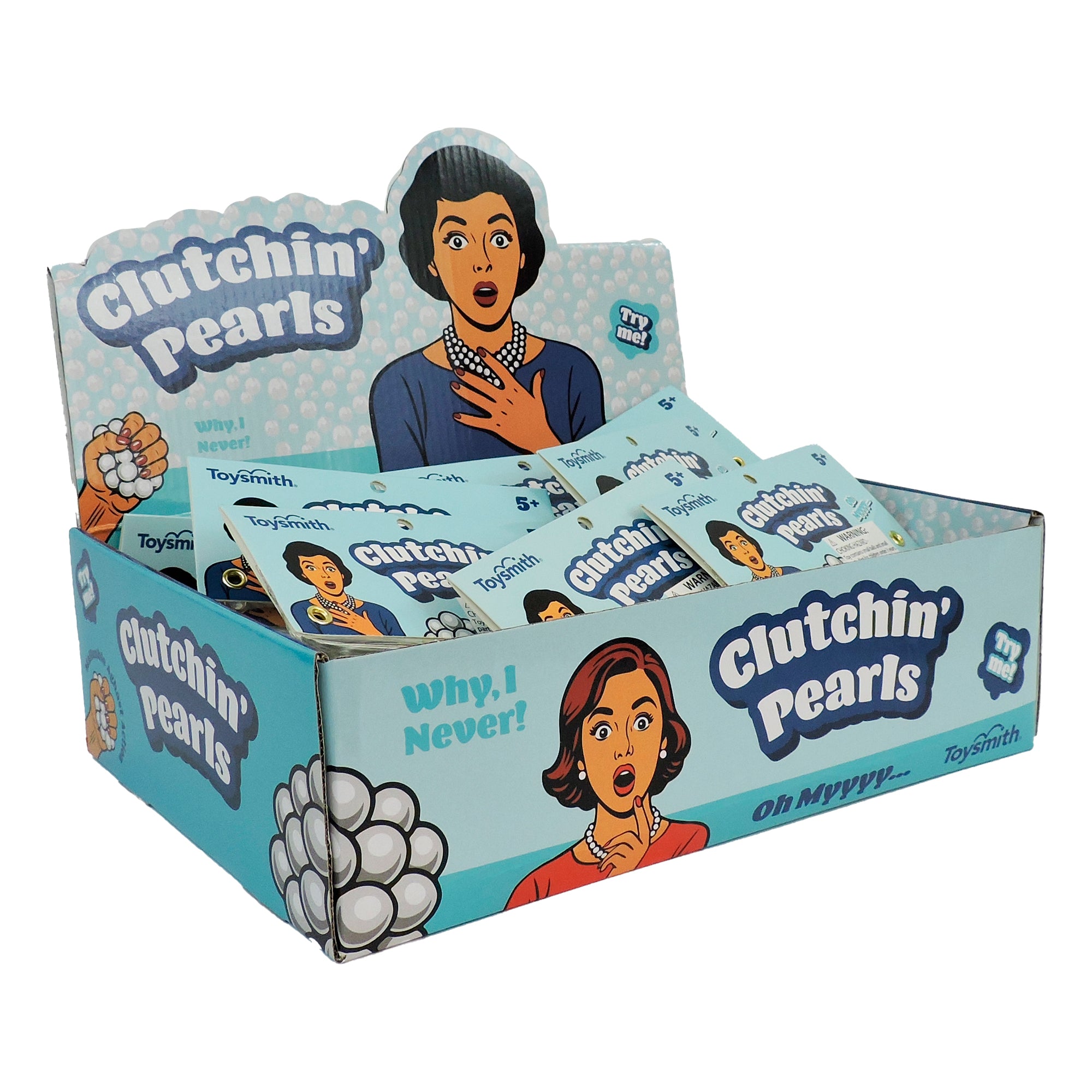 The Toysmith Clutchin' Pearls sensory ball features a display box with cartoon women, pearl beads, and phrases like "Why, I Never!" by Toysmith. It's a unique stress relief toy designed for squeezing and fidgeting.