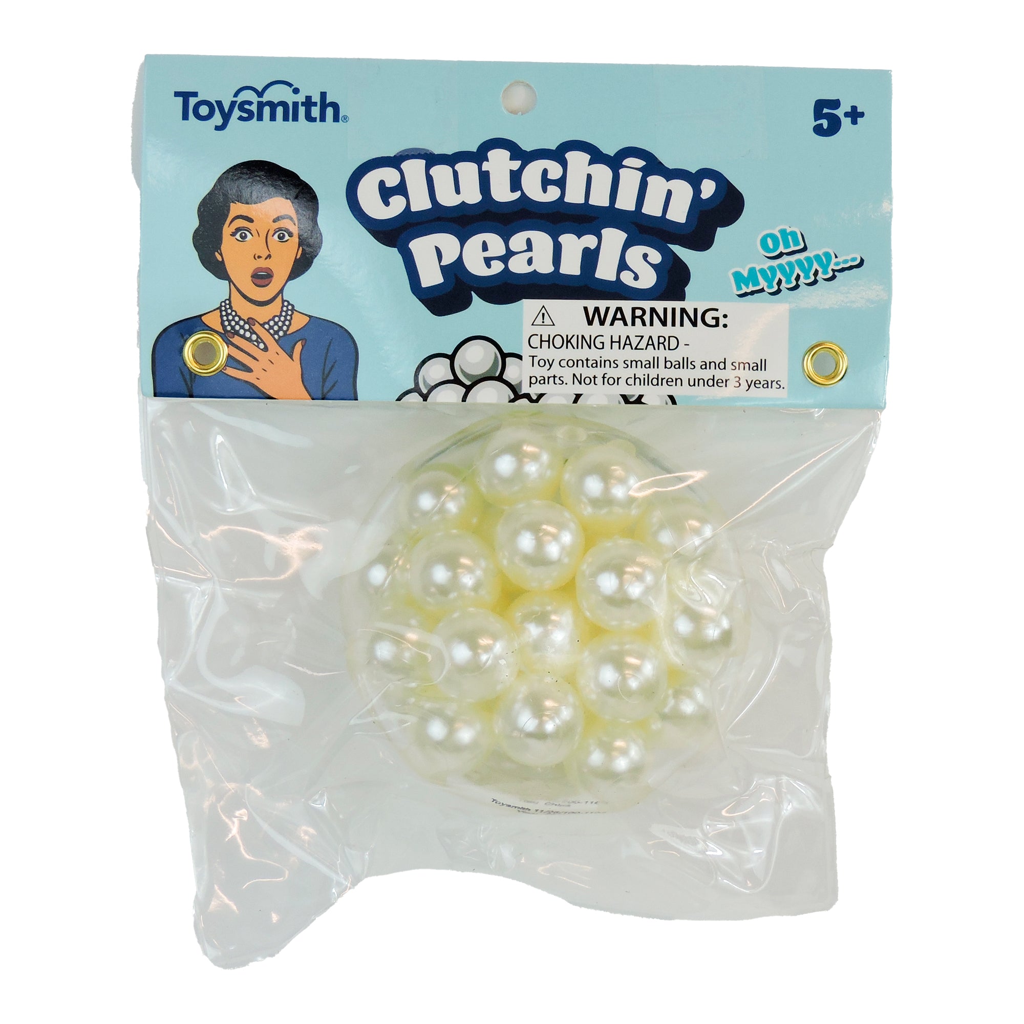 The Toysmith Clutchin' Pearls is a sensory ball with white pearl beads for ages 5+. Its packaging features a surprised woman and a choking hazard warning.