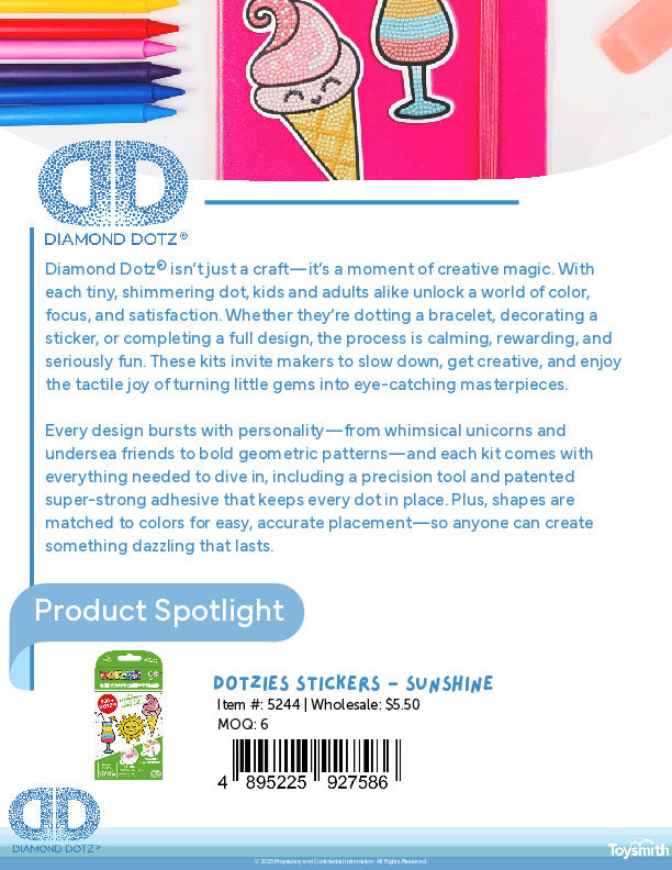 A colorful product flyer featuring a unicorn notebook, a diamond sticker, and product information for DOTZIES Stickers - Sunshine, with a barcode at the bottom and text describing Diamond Dotz craft kits.