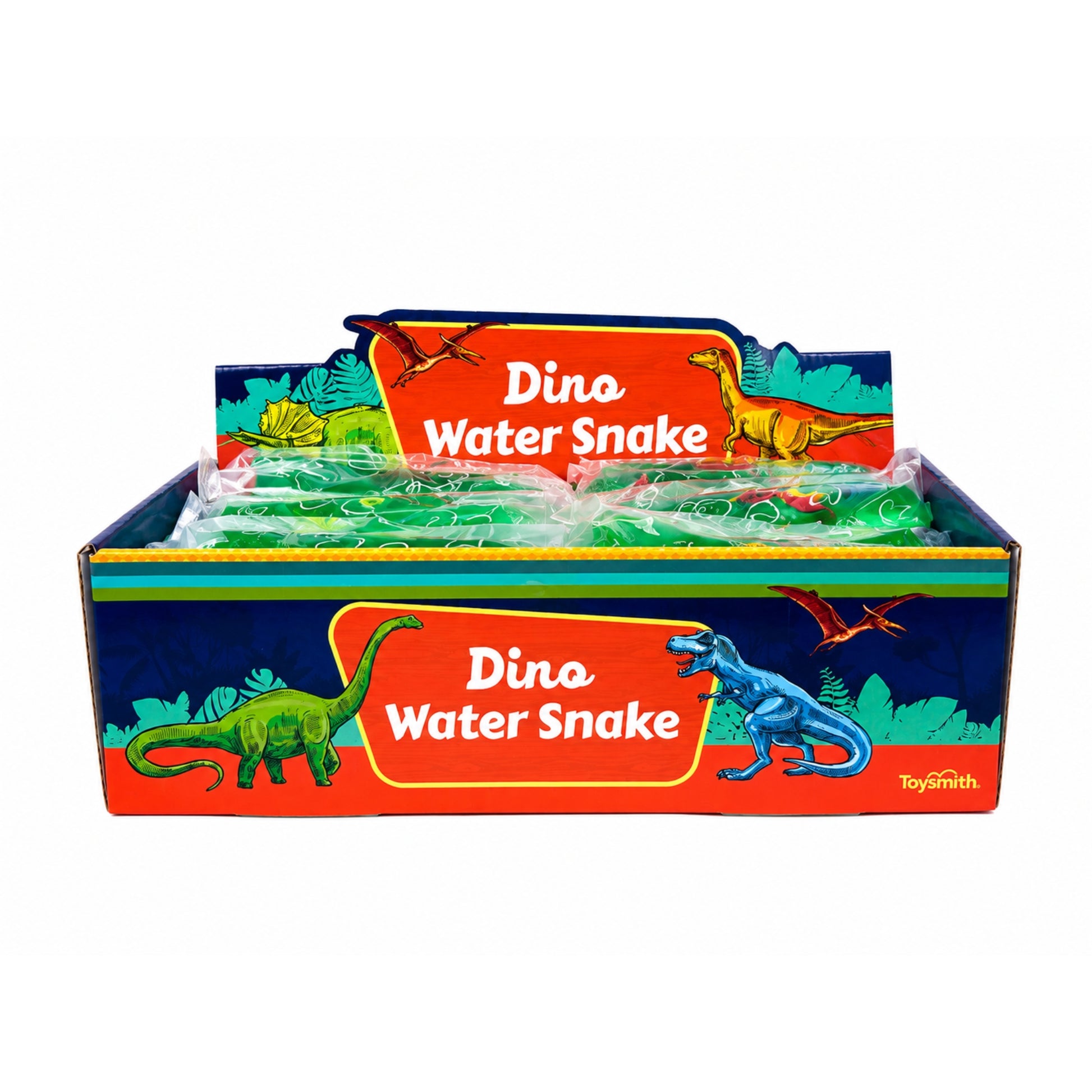 A Toysmith Dino Water Snake display box features vibrant dinosaur illustrations and holds several individually packaged green water snake toys by Toysmith, creating a fun, fidget-friendly sensory experience for kids.