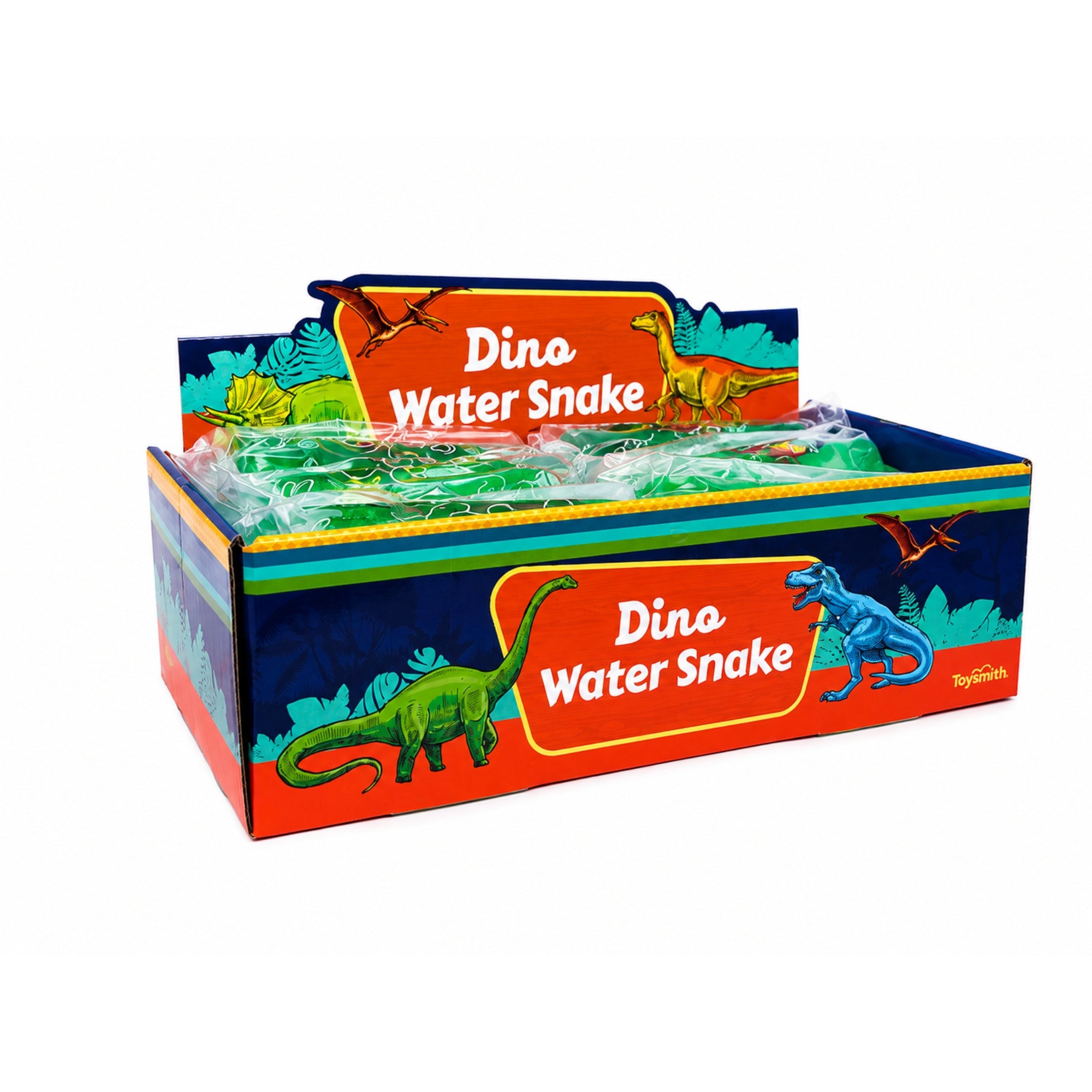 A vibrant Toysmith Dino Water Snake box, decorated with playful dinosaur graphics, is open to showcase the fidget-friendly sensory toy collection from Toysmith, featuring several green water snake toys inside.