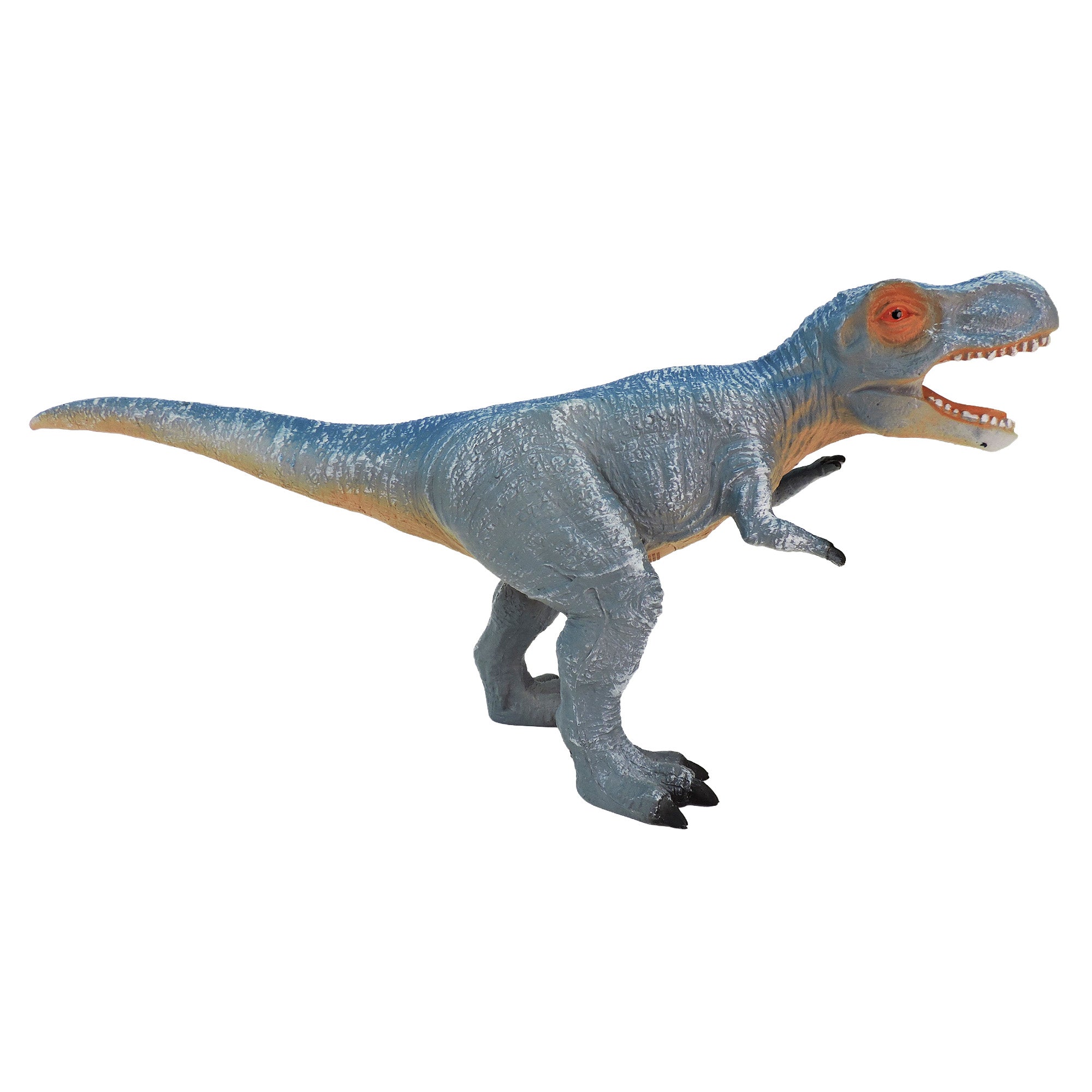 The Toysmith Large Dinosaur Figure by Toysmith is a plastic blue-gray T. rex toy with an orange underbelly, red eyes, open mouth, and stands on two legs.