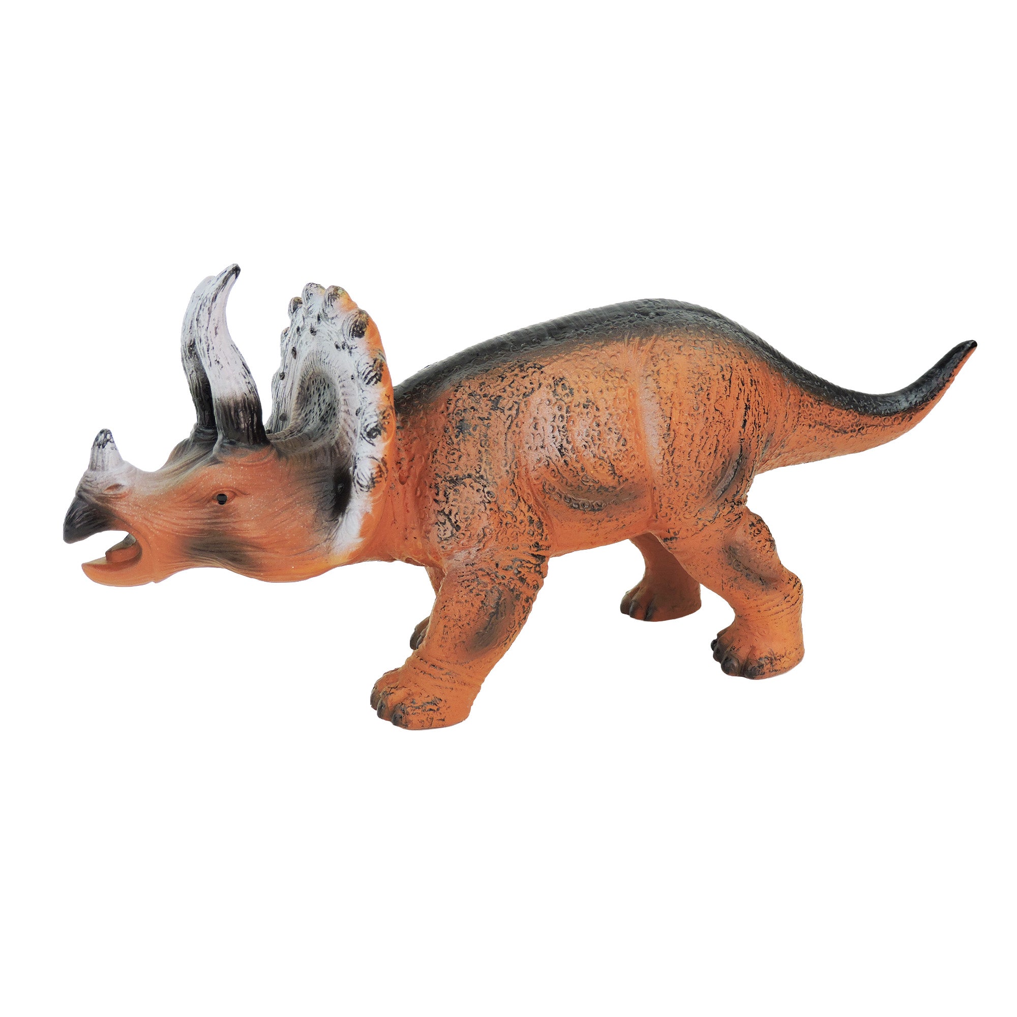 The Toysmith Large Dinosaur Figure by Toysmith is a plastic Triceratops toy, painted orange with black and white details, shown on a white background.
