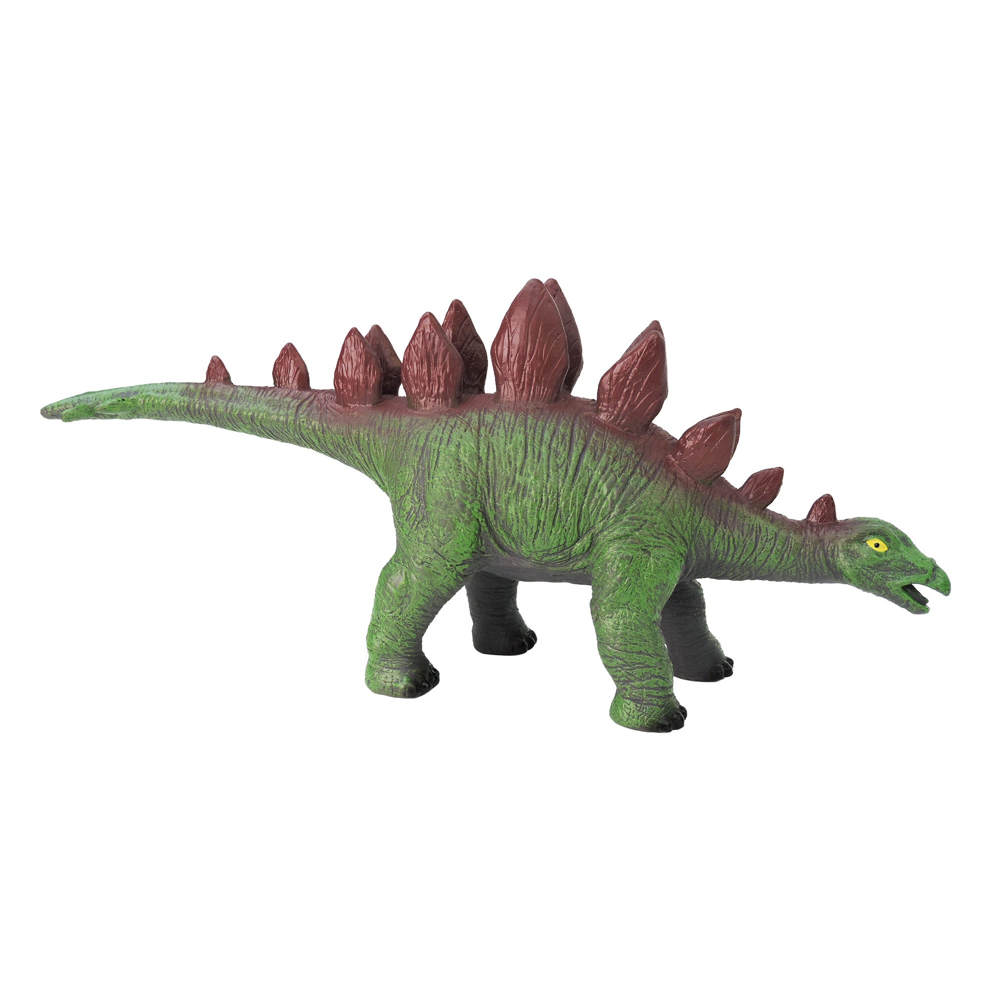 The Toysmith Large Dinosaur Figure by Toysmith is a green Stegosaurus with brown plates, standing on four legs and facing right with its mouth open.