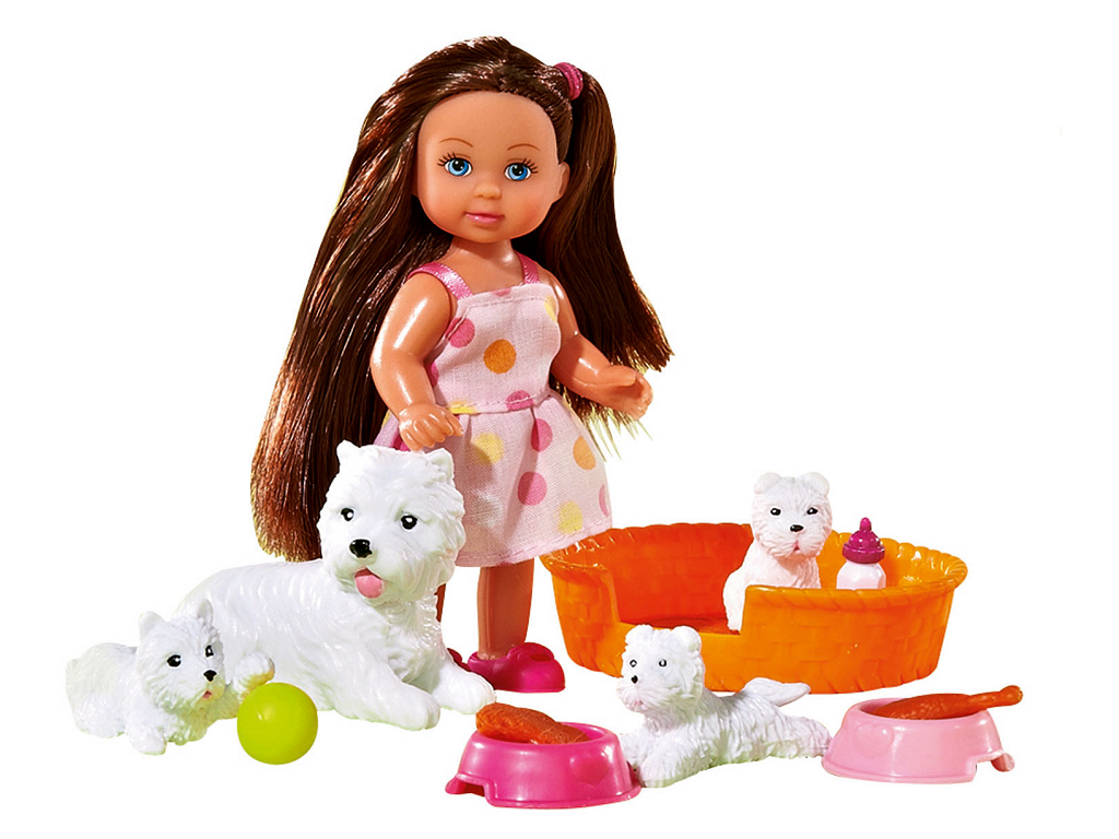 The Simba Dickie Evi Love Animal Friends Playset features an Evi doll with long brown hair in a pink polka dot dress, three white puppies, a white dog, orange basket, green ball, pink bottle, and two food bowls for creative play.