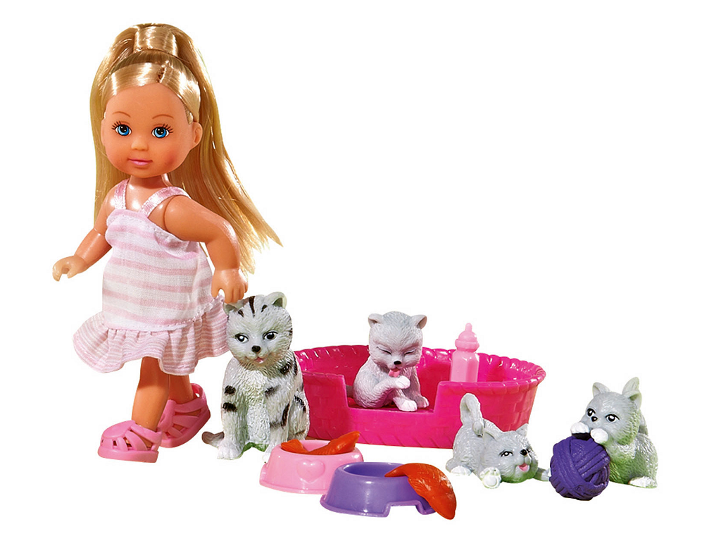 The Simba Dickie Evi Love Animal Friends Playset features Evi in a pink dress with four gray cats, a pink cat bed, two food bowls, and toys, arranged on a white background for imaginative play.