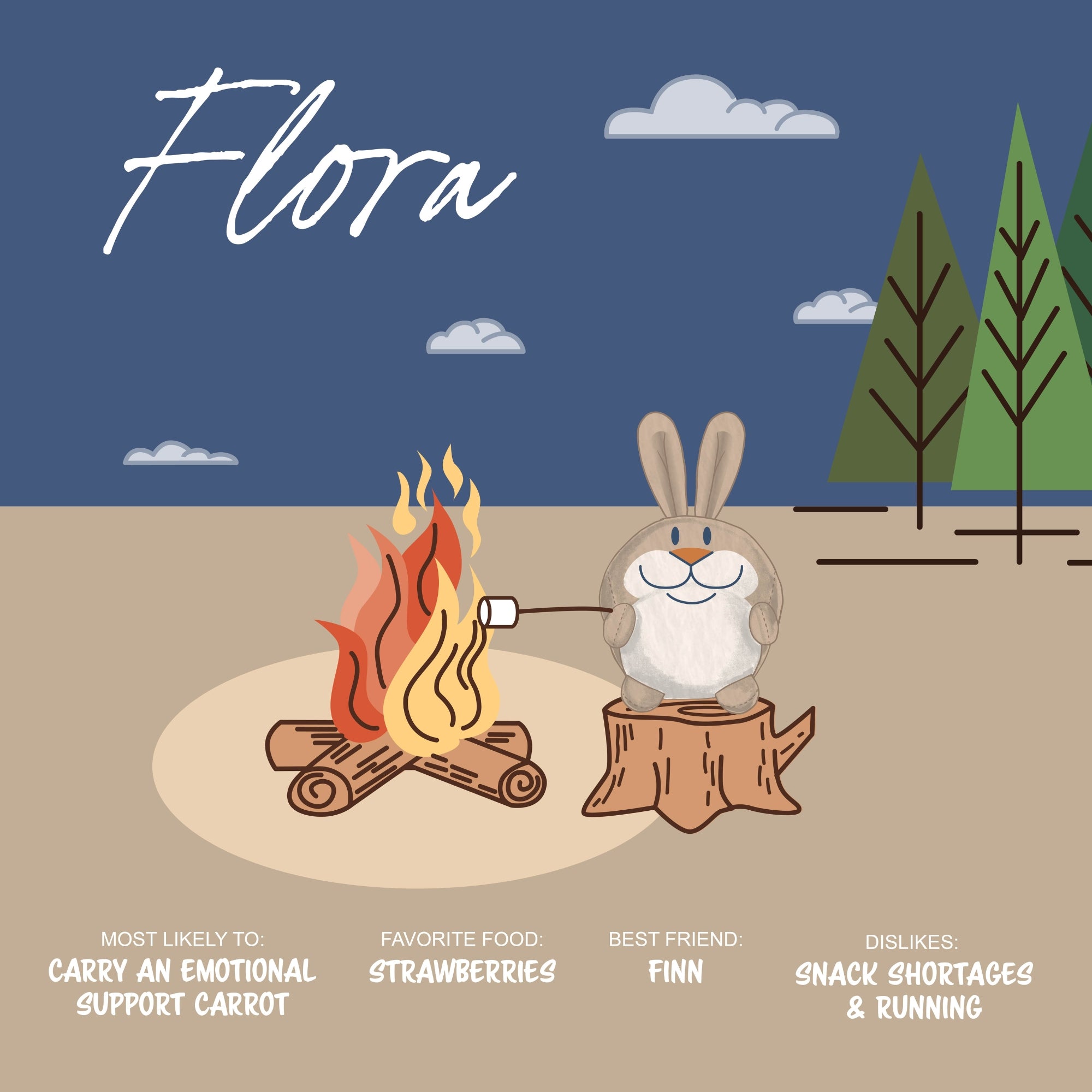 Flora, a cute gray bunny from Sugar Skwisheez: Tree Huggers, sits on a stump by the campfire roasting marshmallows. Trees, clouds, and blue sky are behind her. Fun text shares Flora's favorites, dislikes, and best friend.