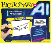 A hand sketches a crocodile on a screen labeled "Mattel Games Pictionary VS. AI" by Mattel, ideal for family fun. The display asks, “Do I see a crocodile?” as another reads, “Human sketches, AI guesses!” with a neon “AI” glowing behind.