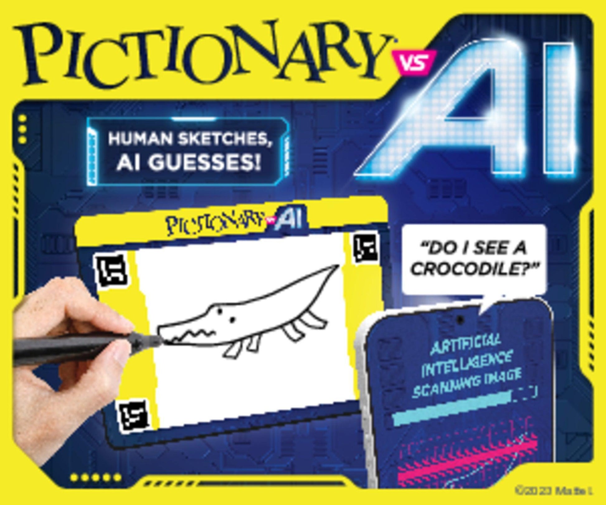 A hand sketches a crocodile on a screen labeled "Mattel Games Pictionary VS. AI" by Mattel, ideal for family fun. The display asks, “Do I see a crocodile?” as another reads, “Human sketches, AI guesses!” with a neon “AI” glowing behind.