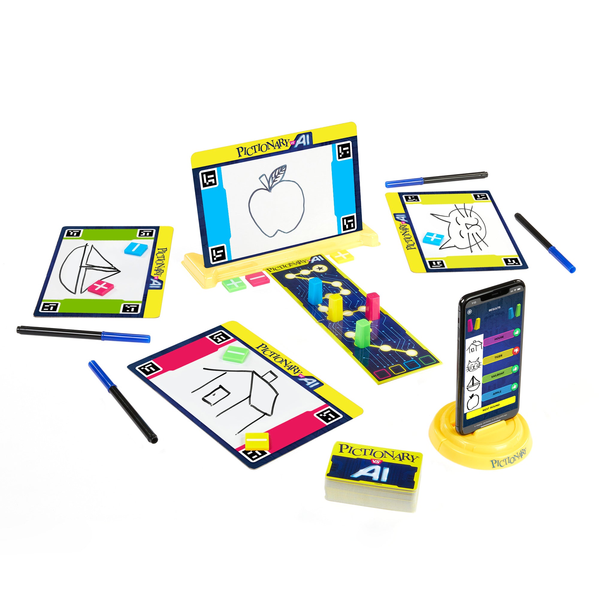 The Mattel Games Pictionary VS. AI by Mattel is shown with drawing boards, cards, pens, tokens on a board, and a smartphone displaying gameplay—ideal for an exciting family night on a white surface.